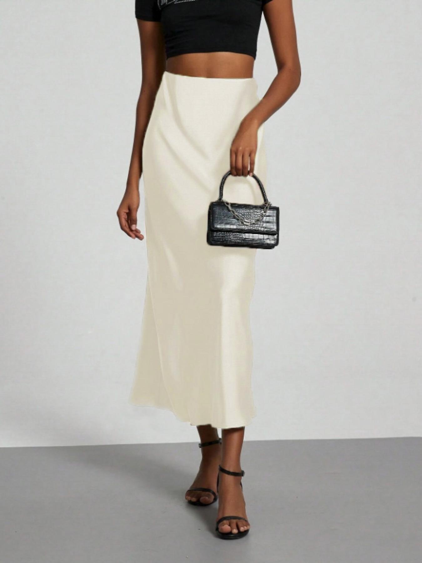 Women's Solid Color Satin Slim Skirt, Elegant Fashion Skirt for Work Office Business, Ladies Clothes for All Seasons