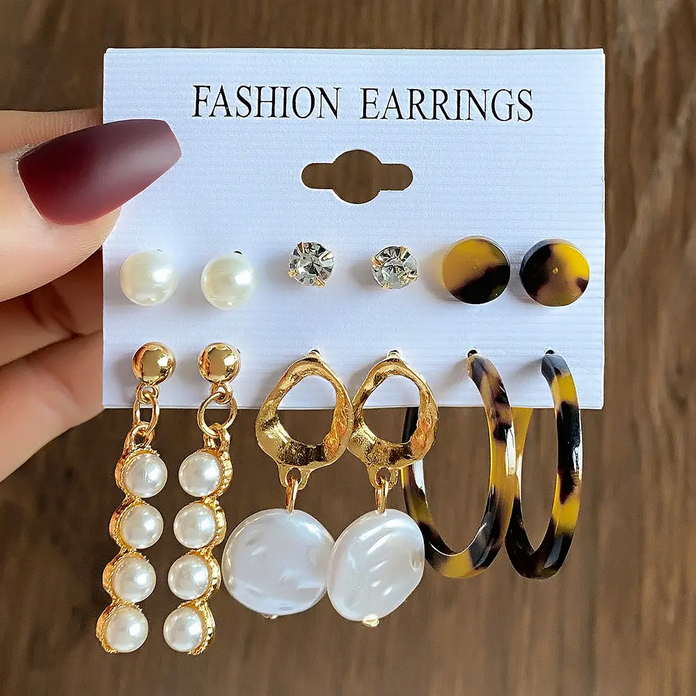 Women's 6-Pair Retro Jewelry Set - Artificial Pearl Stud Earrings, Tortoiseshell Resin Hoops, Long Tassel Dangles, Geometric Gold Pieces, Stud & Hoops for Daily Wear, Parties, All Seasons (Gift Option), Hoop Earrings