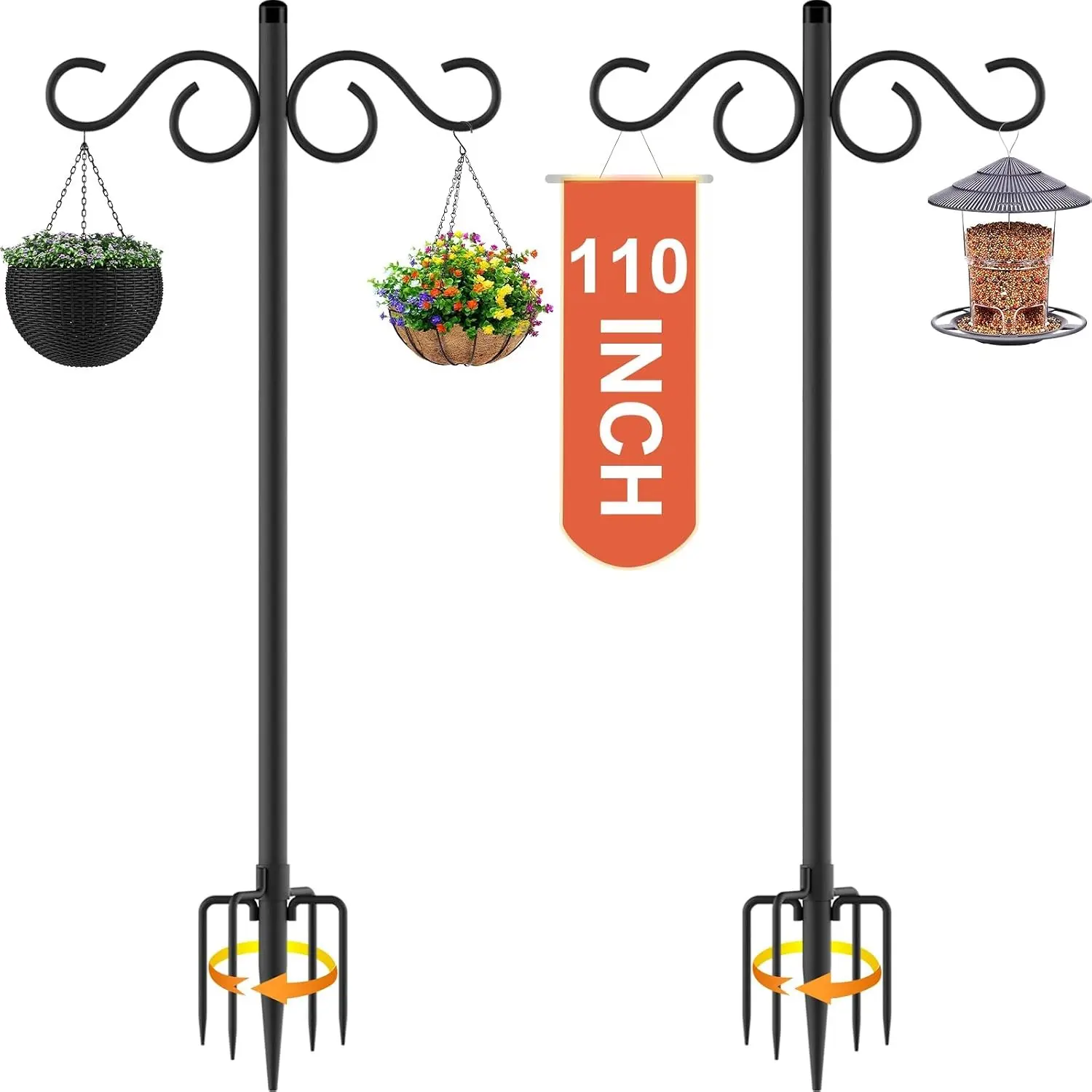 2-Pack Heavy Duty Double Shepherds Hooks Garden Accessories, 110in Metal Pole with 5-Prong Base for Hanging Flower Baskets, Lanterns