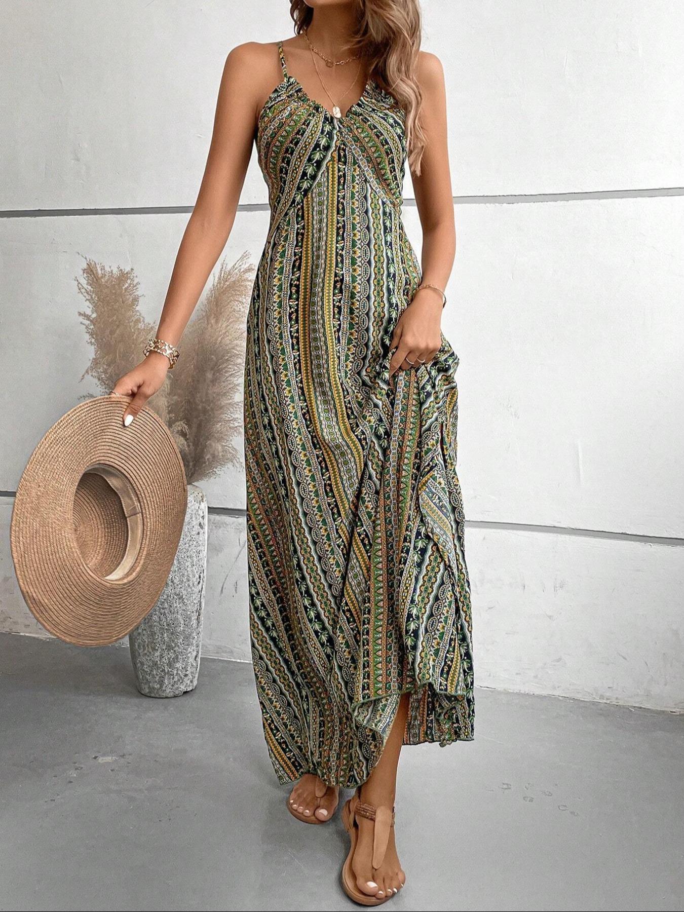 Women's Printed Split Long Sleeveless Dress, Classic Stripe Design, Backless Criss Cross Strap, Spring Summer Fall Wear, Casual Bohemian Style