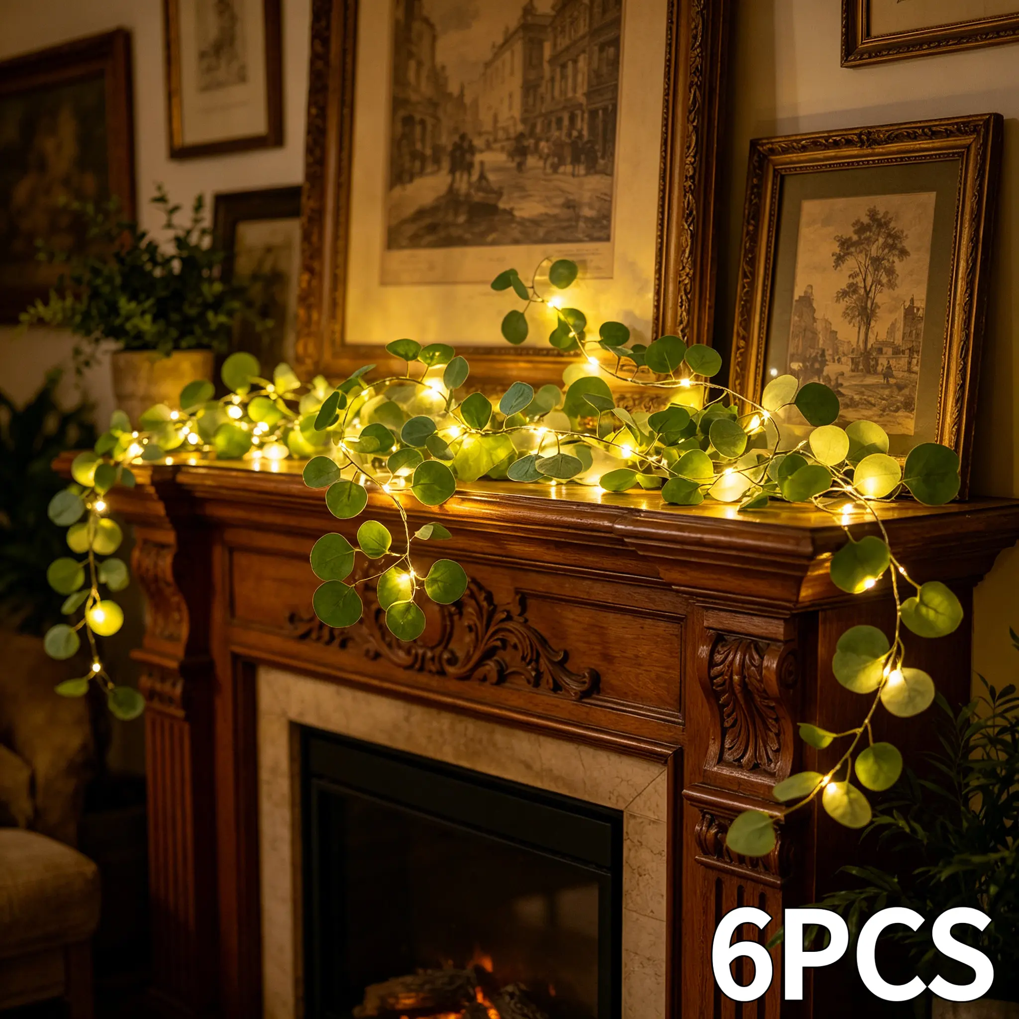 6-Piece Artificial Eucalyptus Garland String Lights, 78.74 Inches Warm White Light (3 Eucalyptus Vines + 3 LED String Lights), Operable, Ideal for Weddings, Valentine's Day, Christmas and Boho Style Home Decor