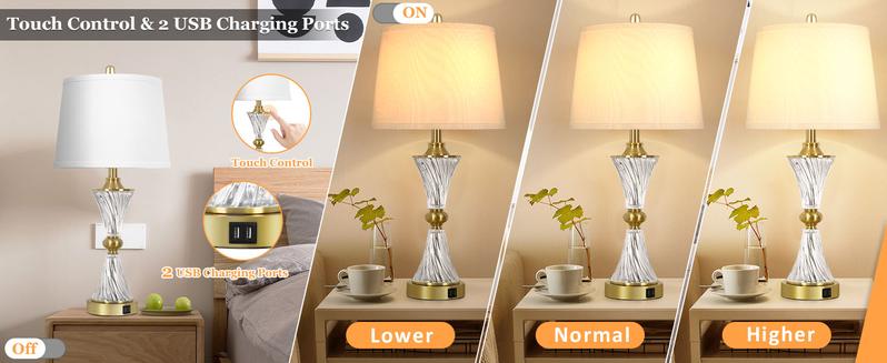Touch Control Dimmable Table Lamps for Bedrooms, 3-Way Gold Crystal Bedside Lamp with USB Ports, Set of 2 Contemporary End Table Lamps with White Drum Shade for Living Room Reading, LED Bulbs Included