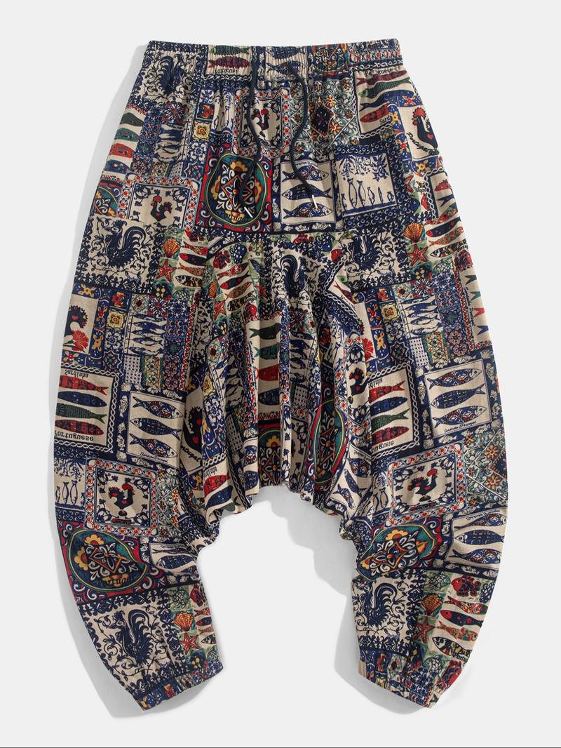 Men's Tribal Pattern Tie Waist Harem, Boho Casual Comfy Trousers for Daily Wear, Men's Bottoms for Summer, Bohemian Trousers