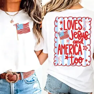 Women's 4th of July Patriotic Short-Sleeve Round Neck Tee - Loves Jesus & America, Coquette Bow, American Flag USA Preppy, Red White Blue, 100% Combed Cotton Heavyweight Smooth Fabric, Essential Casual Top