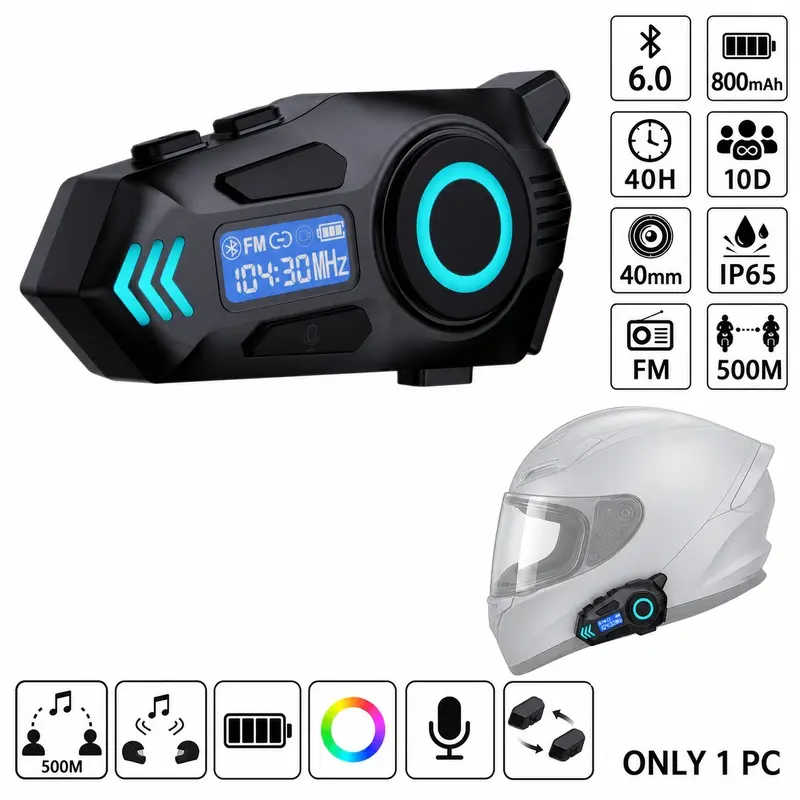 Motorcycle Bluetooth Intercom Headset, Multi-User Helmet Speaker with FM Radio, Music Sharing, Ambient Light and IP65 Protection
