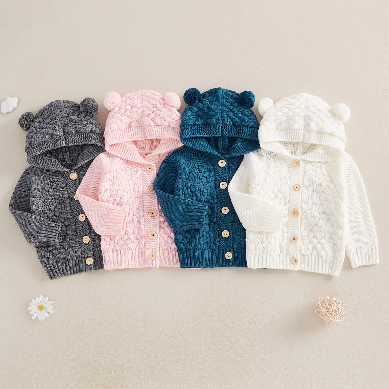 Newborn Baby Solid Color Coat Boys Girls Long Sleeve Thermal Hooded Knitted Sweater