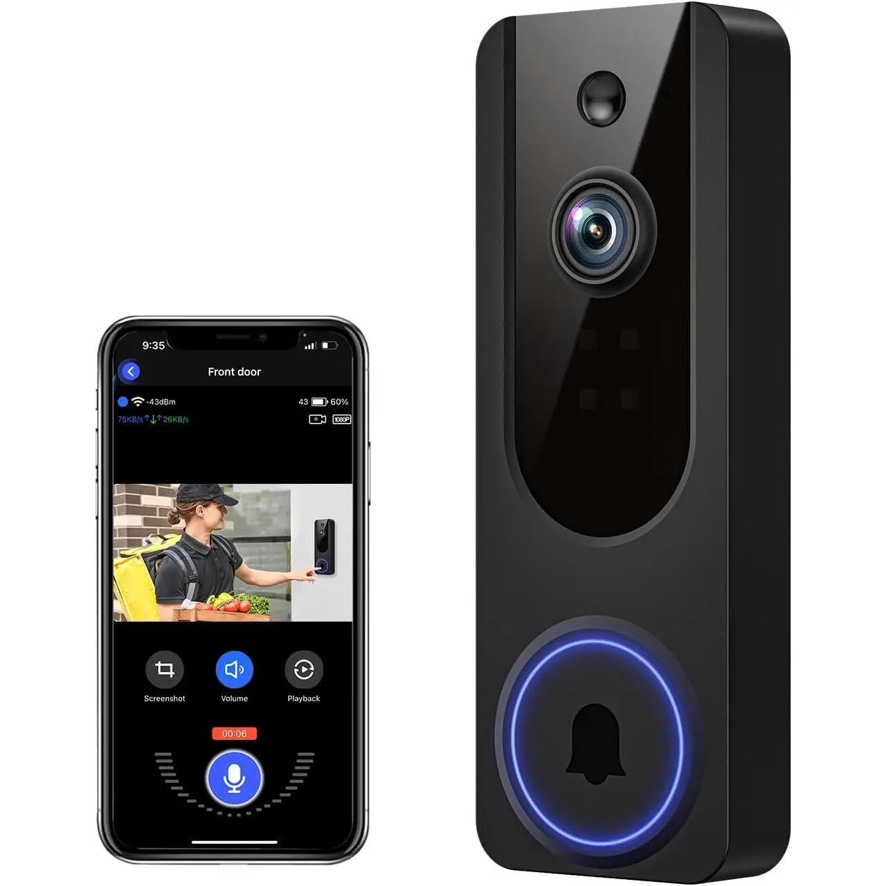 1080p WiFi Video Doorbell Camera Wireless, Battery Powered, AI Human and Motion Detection, 2 Way Talk, Night Vision, Cloud Storage, 2.4G WiFi Only, Indoor/Outdoor Surveillance