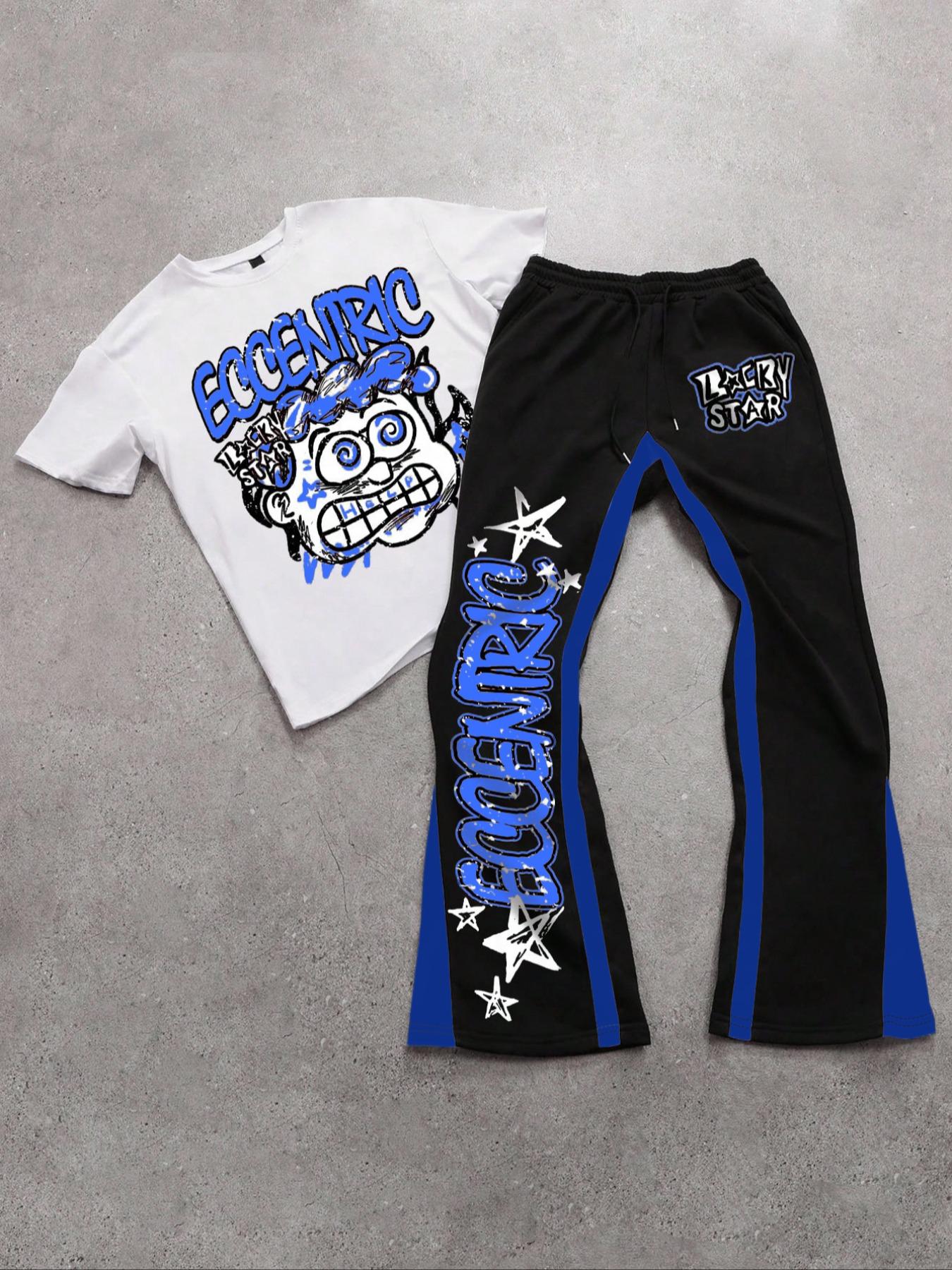 Two-piece Set Men's Figure Graphic Tee & Colorblock Drawstring Waist Flare Leg Sweatpants, Regular Fit Round Neck Short Sleeve T-shirt & Bell Bottom Trousers, Sets for Men Clothing, Summer Outfits, Casual Outfit Set, Shortsleeve Menswear