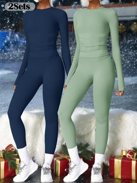 Women's Solid Long Sleeve Skinny Tee & High Waist Leggings Tracksuit Set, Sporty Breathable Quick Drying Outfits for Gym Workout Running, Ladies Outdoor Yoga Suit for All Seasons, Sweatsuit Sets, Quick Dry Activewear