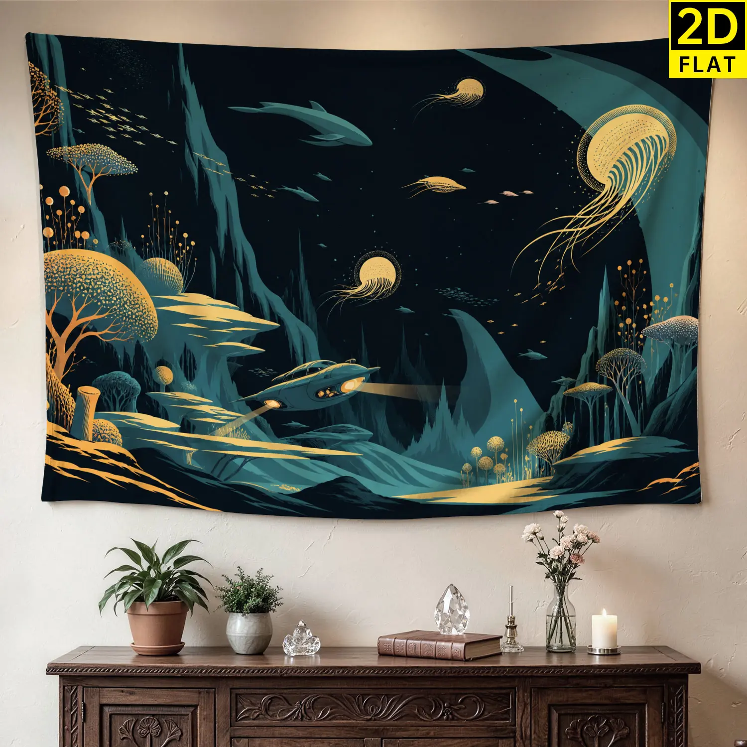 Deep Sea Jellyfish Sci-Fi Underwater Space Wall Tapestry - Large Horizontal Polyester High-Res Print Decor, No-Installation Artwork for Living Room, Room Decor Gift Idea for Family