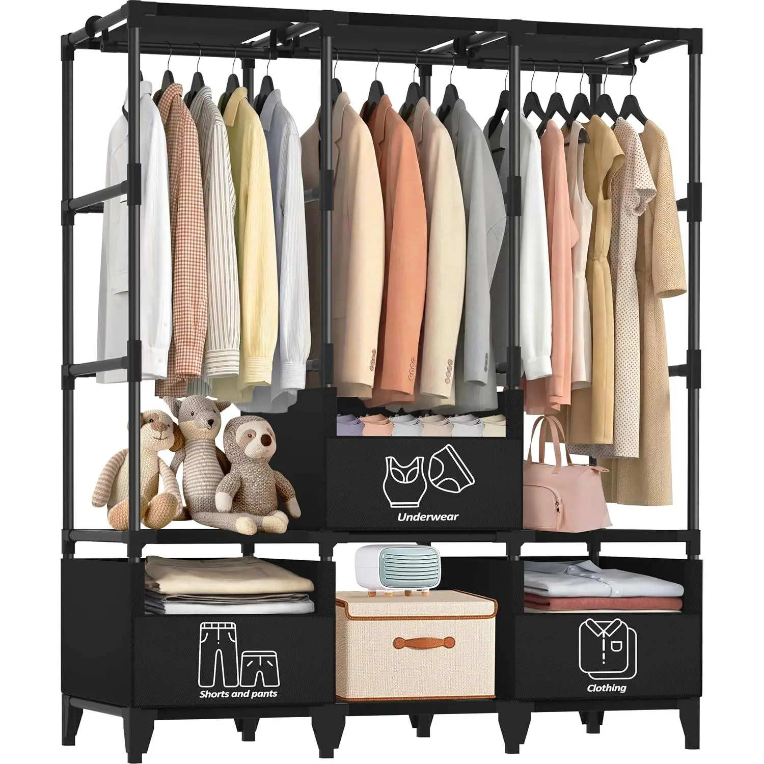 Portable Closet,Sturdy  Large Capacity Wardrobe Closet | Clothes Rack with Shelves,3 Folding Areas,3 Storage Areas,3  Areas,Suitable for Bedrooms and Dormitory,50in Black
