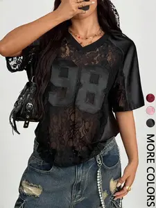 Women's Lace Patchwork T-Shirt, Sheer Mesh Letter Print, Post-Apocalyptic Style, Short Sleeve, Streetwear, Music Festival, Casual