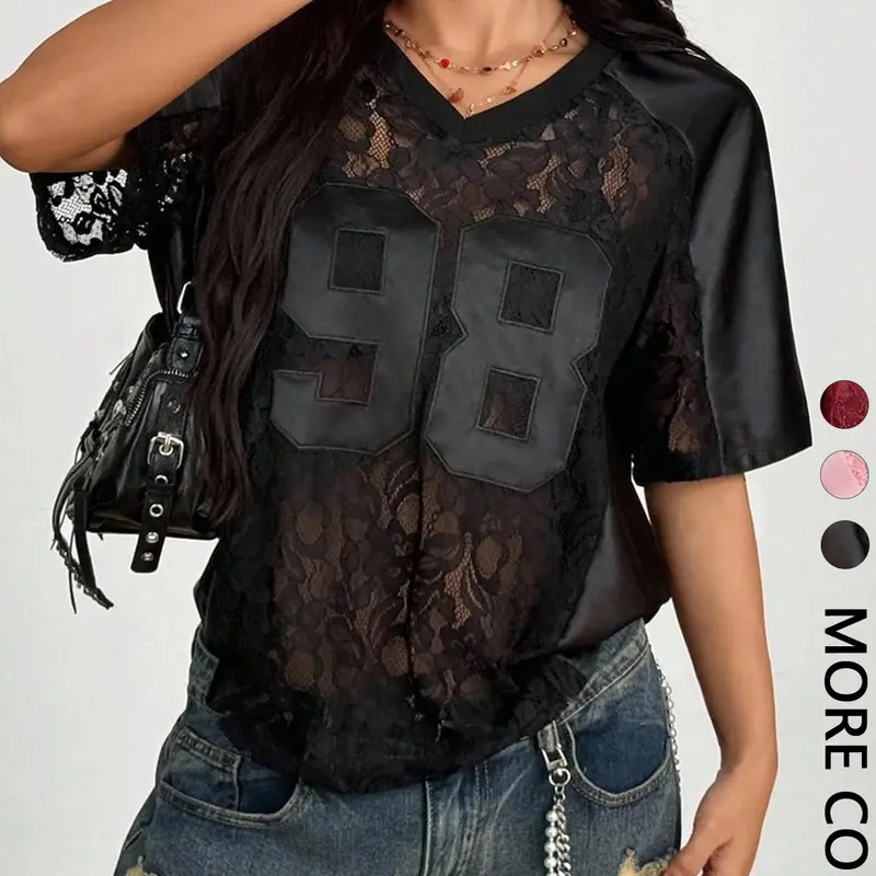 Vintage Edgy Asymmetrical Neck Sheer Lace Chic Fit Casual Tee for Women, Y2K Streetwear