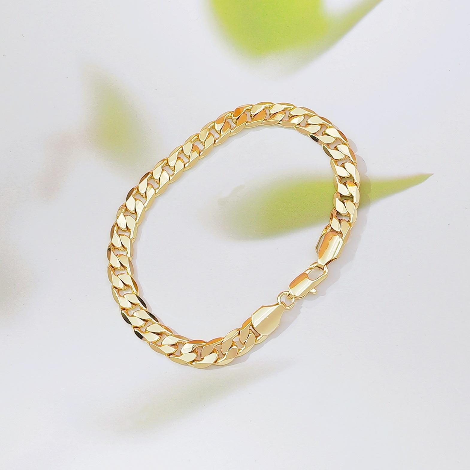 Cross-border hot-selling European and American fashion men and women couples chain chain bracelet, copper-plated 18k gold flat Cuban chain