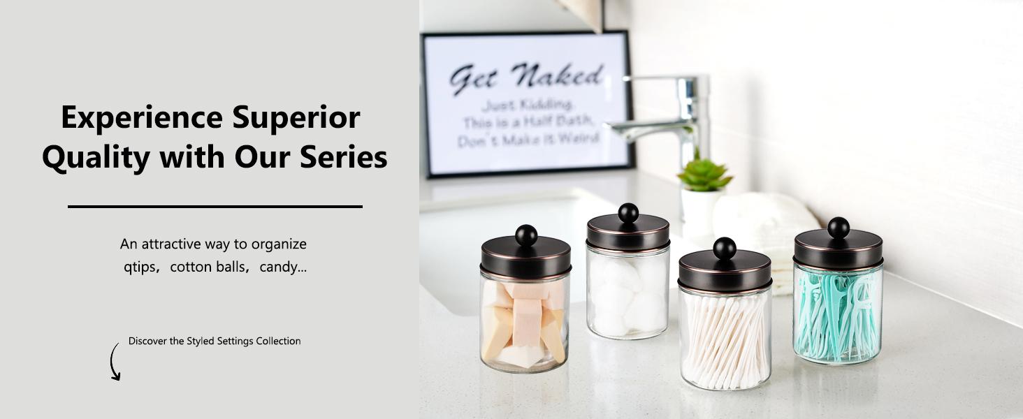 Apothecary Jars Bathroom Vanity Storage Organizer Set -Countertop Canister Plastic Acrylic Jar - Farmhouse Decor Qtip Holder for Cotton Swabs,Makeup Sponges,Flossers,Paper Clips -Black(2)