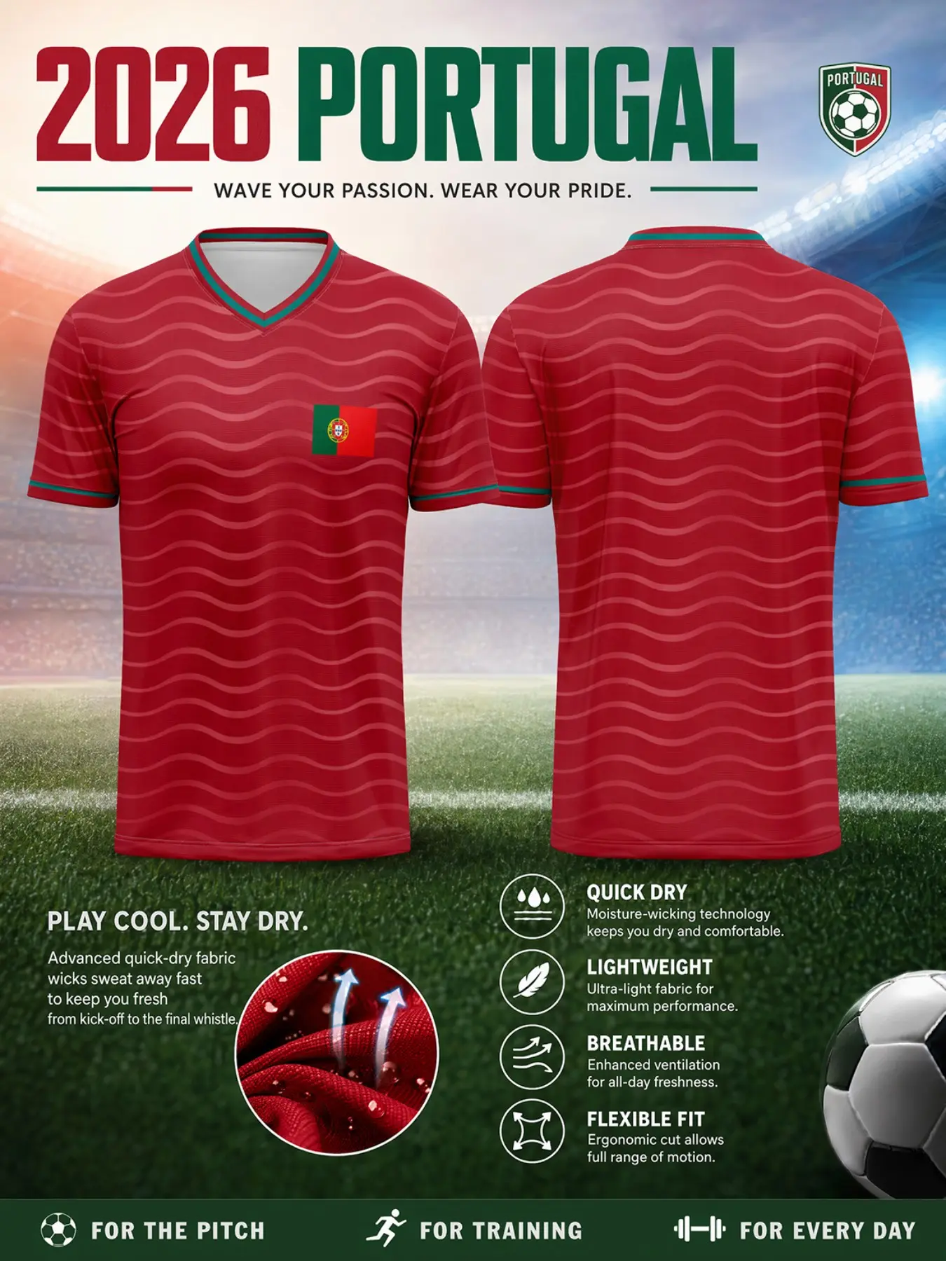 2026 Portugal Soccer Jersey, Collar and Sleeves, Lightweight Breathable Mesh, Fade-Resistant Print, Sporty Style