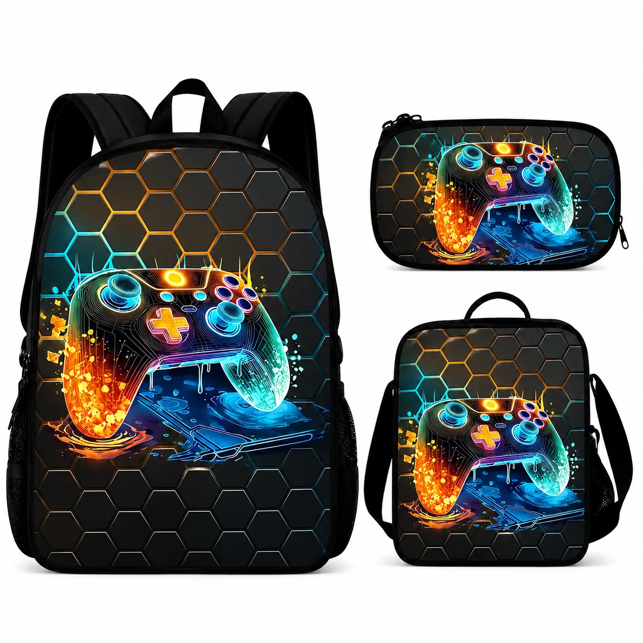 3PCS Kids Backpack Set, Neon Game Controller Print School Backpack with Lunch Bag and Pencil Case, Gaming Graphic Large Capacity Bookbag, Lightweight Travel Bag with Adjustable Shoulder Straps, Back to School Gift for Boys Girls