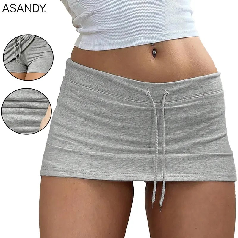 ASANDY Women's Fitted Plain Athletic Skirt - Soft High-Stretch Opaque Breathable Nylon Blend, Low-Waist Above-the-Knee Mini Casual Sporty Skirt with Stay-Put Drawstring for Yoga