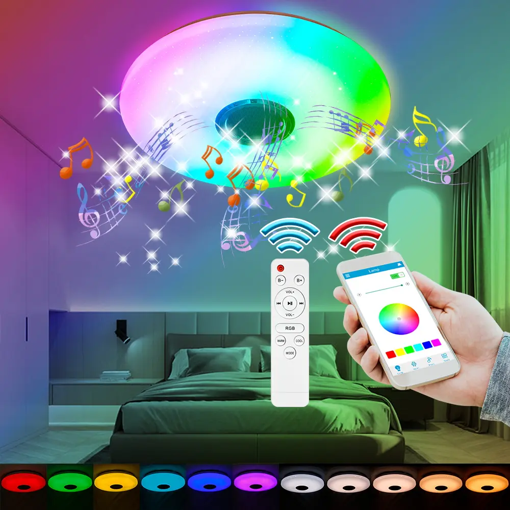 RGB Smart LED Bluetooth Ceiling Lamp 256Colors Dimming Memory Function AC100-240V DSP Melody Player BT APP Control Timer Switch Festival Birthday Party Living Room Energy Saving Mood Light with Remote Bedroom Lighting