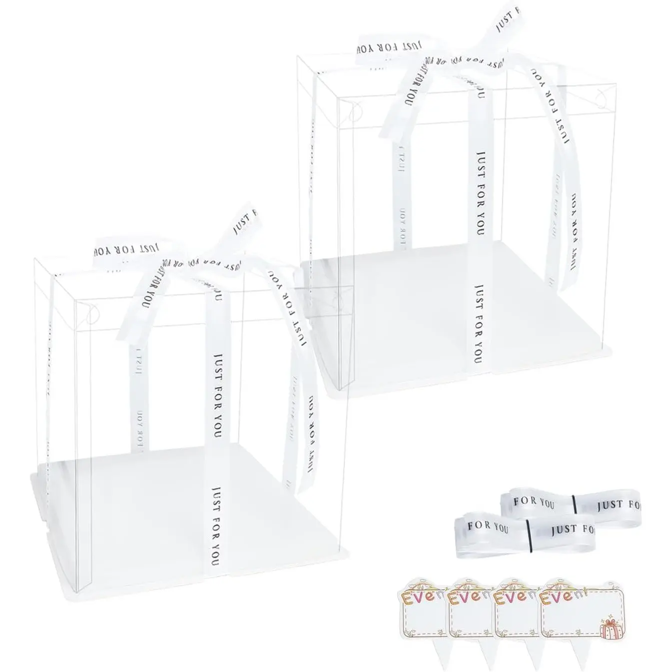 6.5x6.5x7in Clear Cake Boxes 2-Pack - DIY Assemble with 2x10ft Satin Ribbon & 4 Paper Toppers,  for Weddings, Birthdays, Cupcake Display