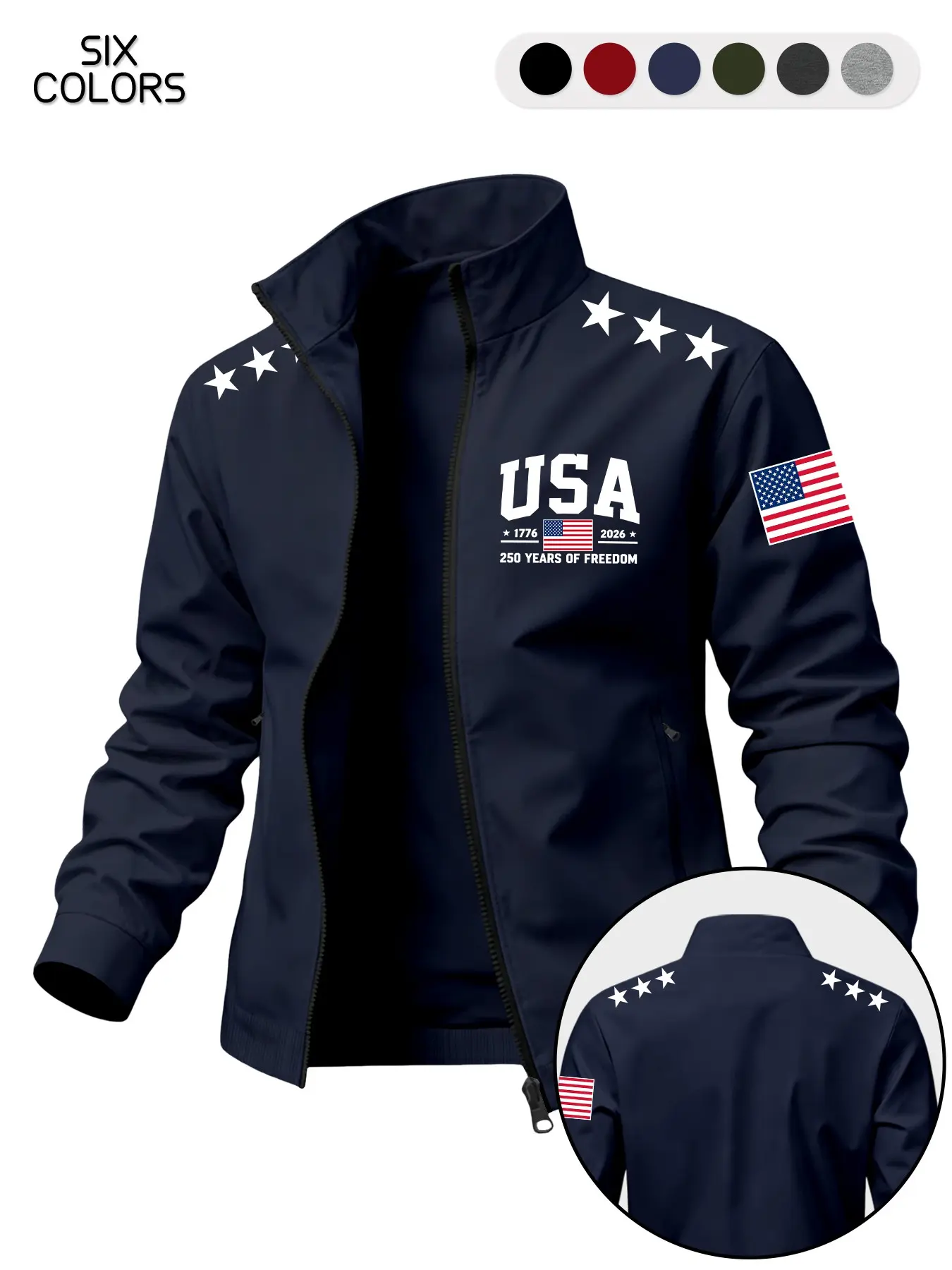 Usa Independence Day Lapel Jacket, Men's Flag Print Zipper Outerwear, Lightweight Spring Fall Coat, 6 Colors Available, Versatile Style