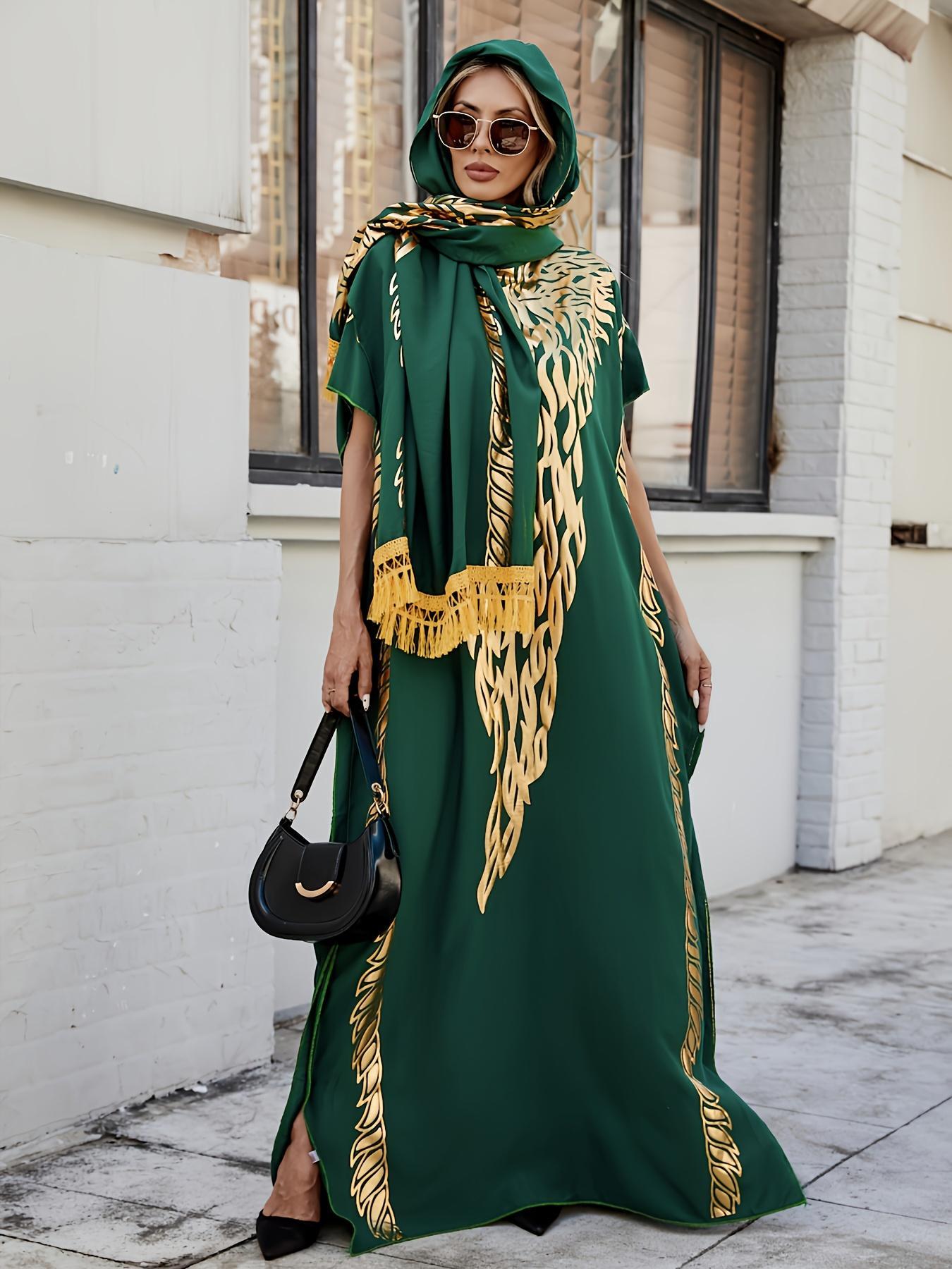 Women's Ethnic Pattern Long Sleeve Cape Dress, Boho Casual Shawl Collar Long Dress for Beach Vacation Holiday, Ladies Clothes for All Seasons, Boho Caftan, Boho Casual Kaftan