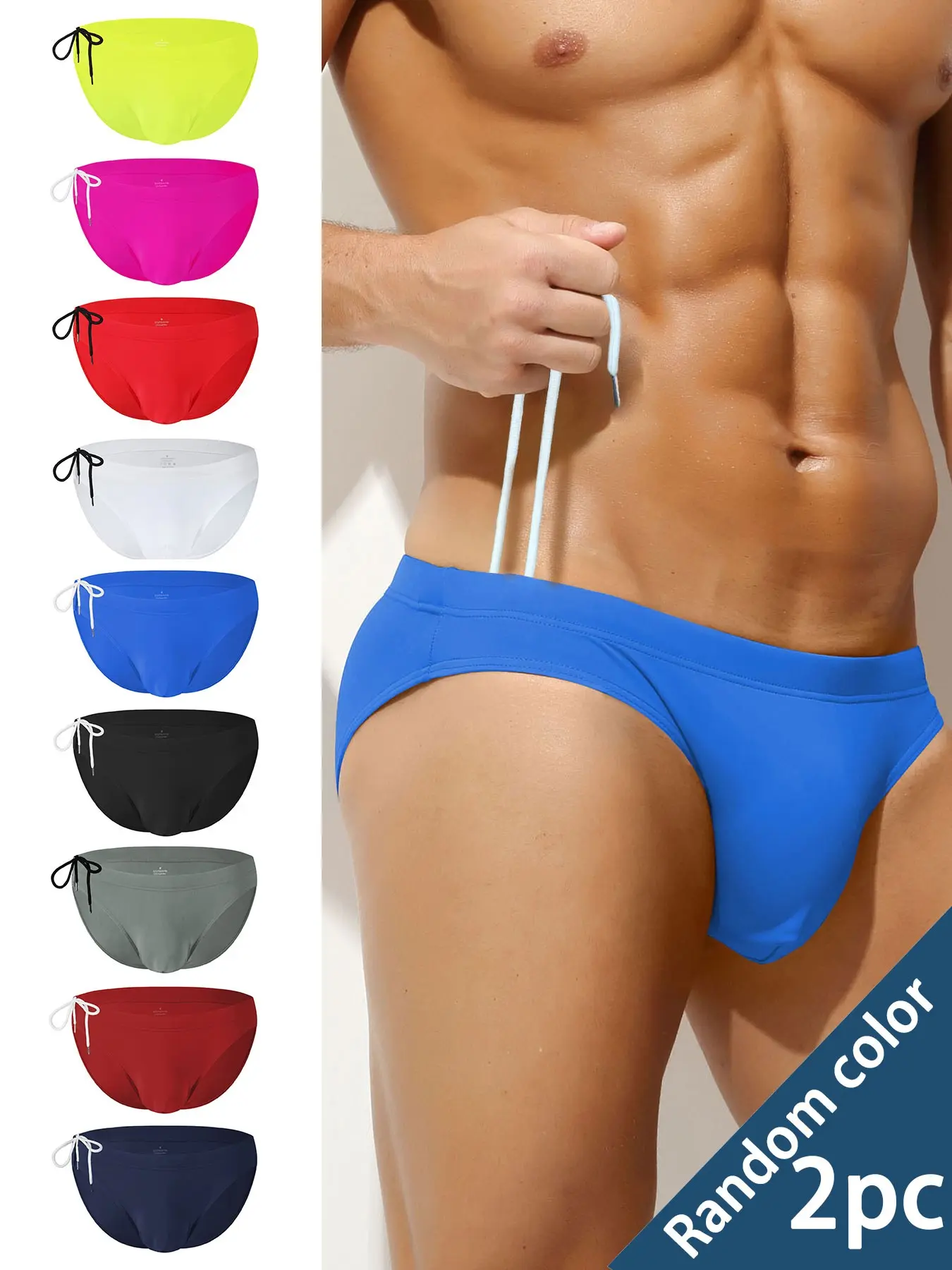 Random 2-Pack: Solid-Color, Tight-Fitting, Plus-Size Youth Triangle Bikini Swim Trunks for Men, U-Shaped Front Pocket, Adjustable Drawstring, Quick-Dry and Breathable, Stretchy and Sexy Competition-Style Triangle Briefs, Perfect for Beach and Pool Parties