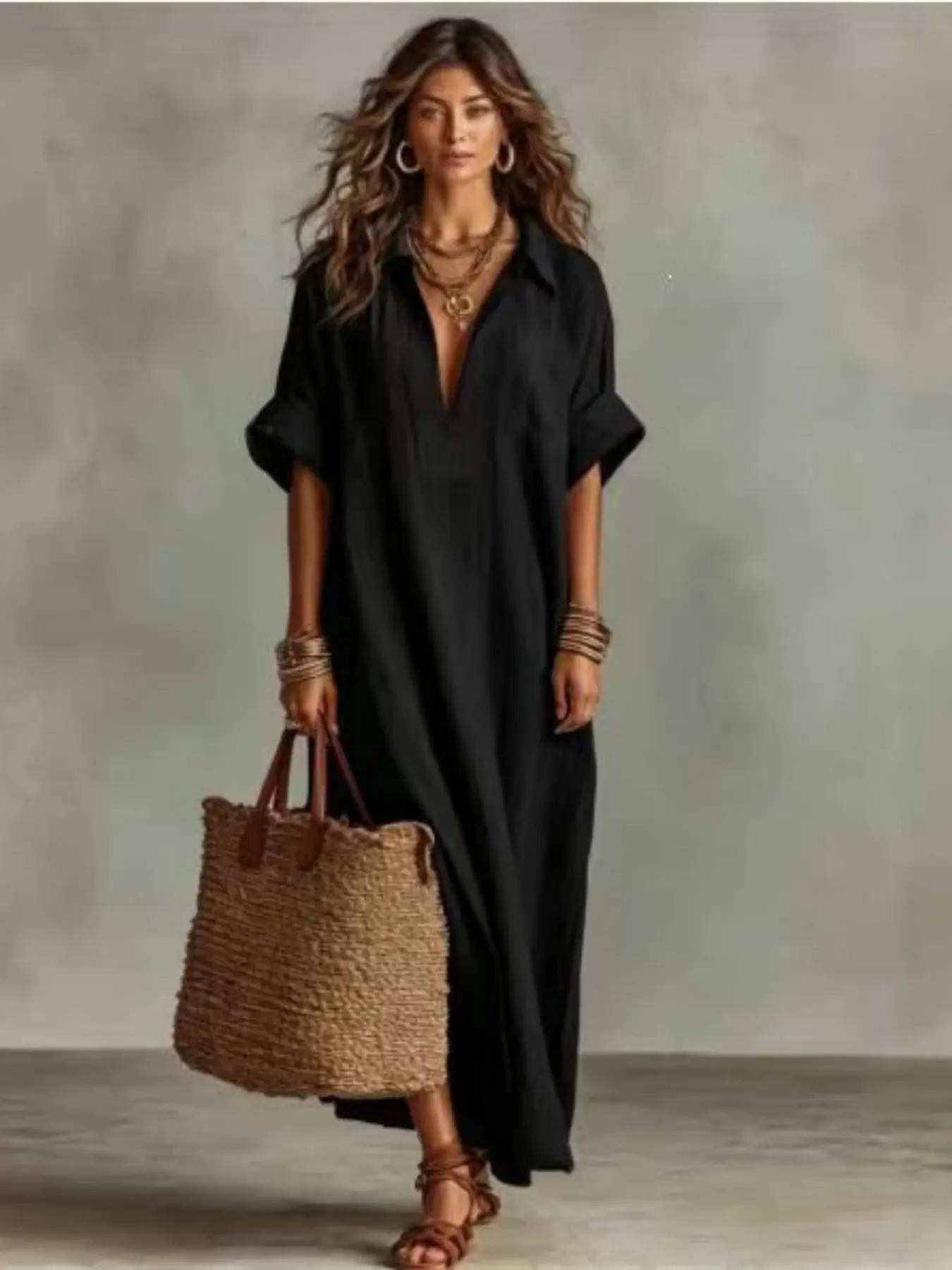 Women's Boho Maxi Dress, Casual V Neck Shirt Dress, Loose Fit Half Sleeve, Long Dress for Beach Vacation, Fall Cover Up