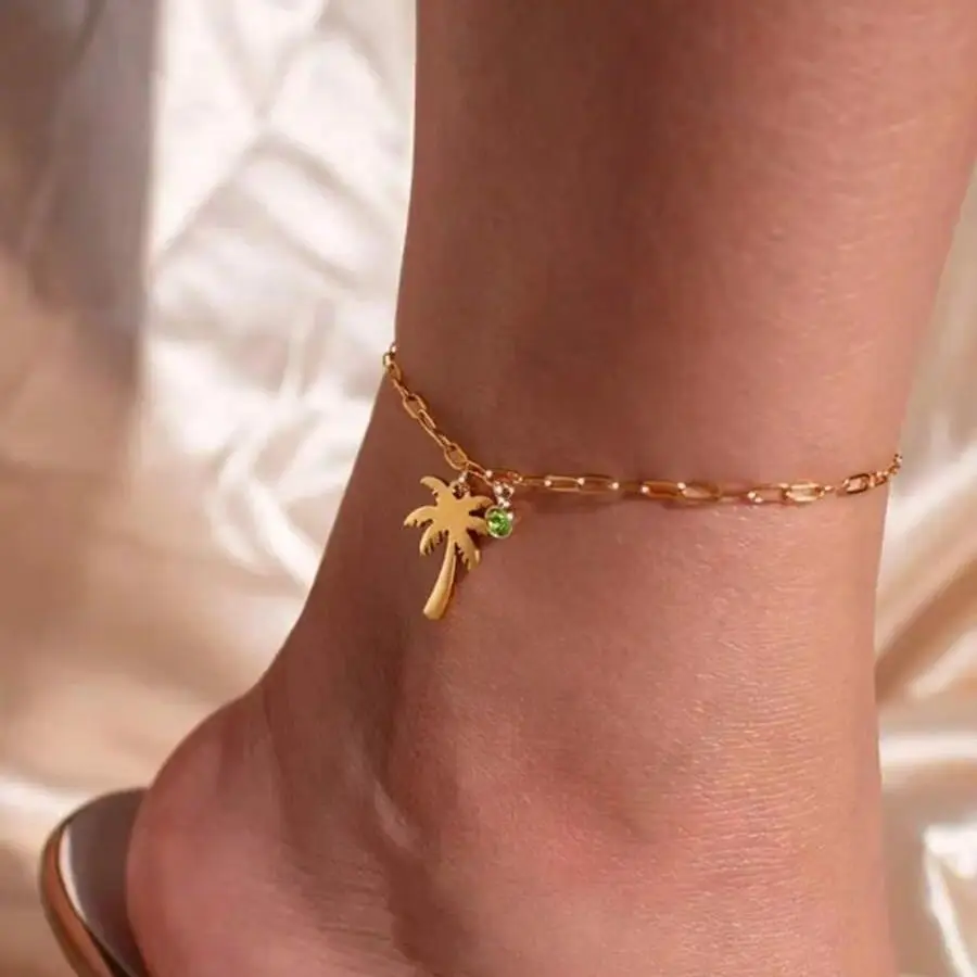 Coconut Palm Tree Birthstone Anklet Gold Plated Stainless Steel Chain Anklets For Women Summer Ocean Beach Jewelry