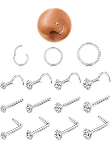 Nose Rings for Women - 14K Gold Filled Hypoallergenic Surgical Steel Nose Ring Hoops 18G/20G Small Cute CZ Straight Screw L Shaped Nose Studs Piercings Body Jewelry for Women Men 15Pcs