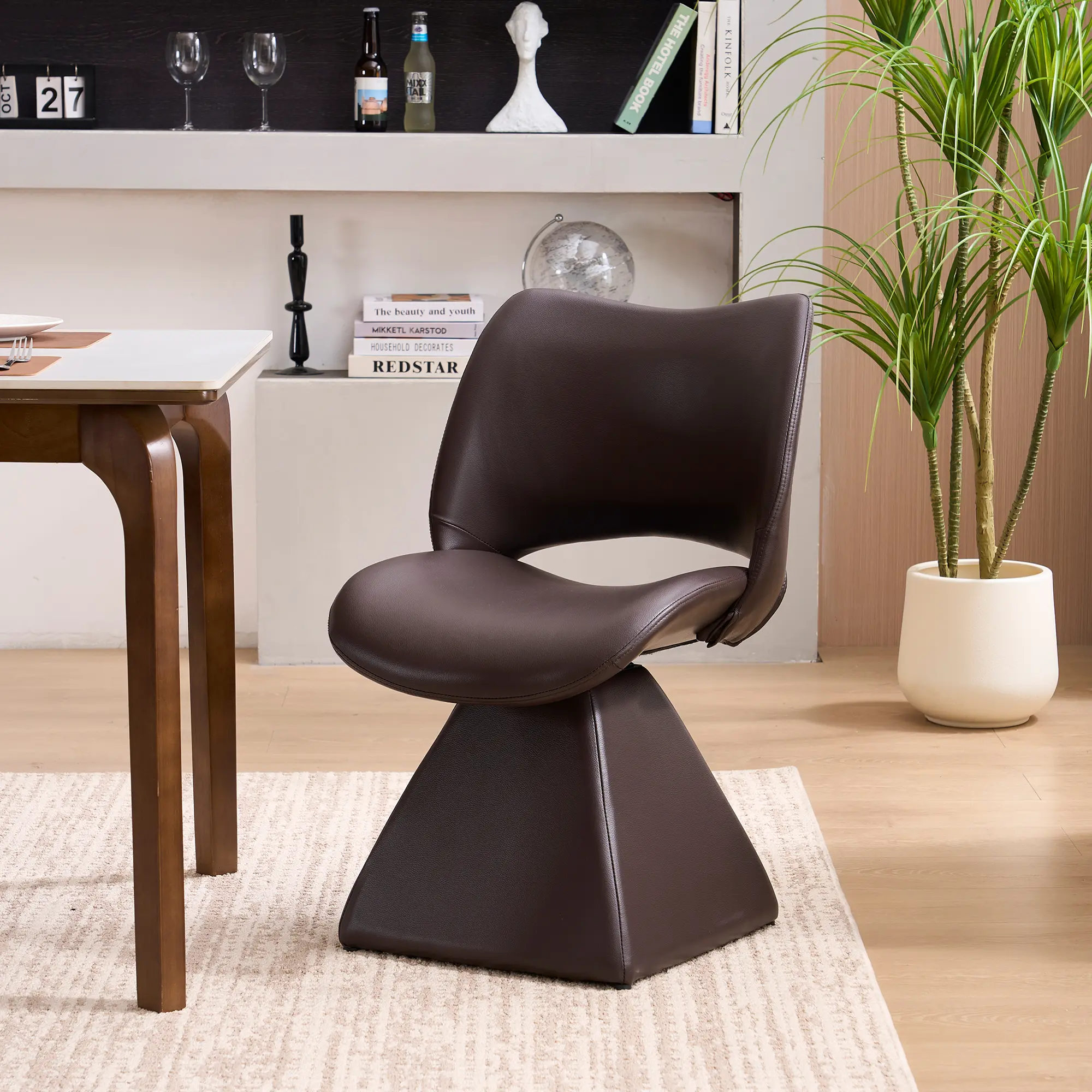ARCH Modern Swivel Dining Chair Dark Brown Faux Leather Upholstered High Back Metal Wood Base Kitchen Living Room Bedroom Desk Reading Nook Minimalist Style Single Box Product, Dark Brown Color Options, Metal & Wood Material, Product Dimensions: