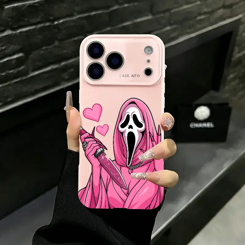 Cute Cool Pink Skull Mask Heart Cartoon Art Pattern Liquid phone case with large window suitable for iPhone 17 Air 16 15 14 13 12 11 Pro Promax Plus phone case camera protection skin touch border shock absorbing protective cover