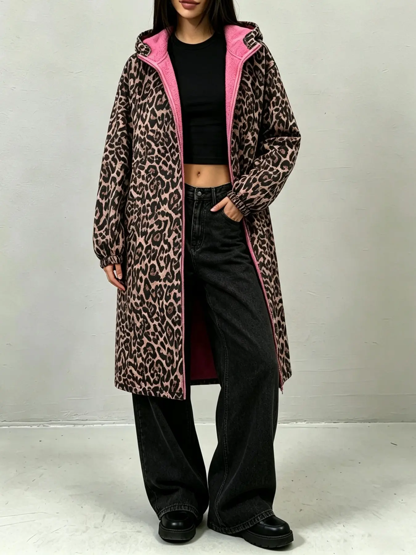 Autumn Winter Leopard Print Fleece Long Coat, Unisex Loose Zipper Hooded Jacket, American Street Style Warm Outerwear