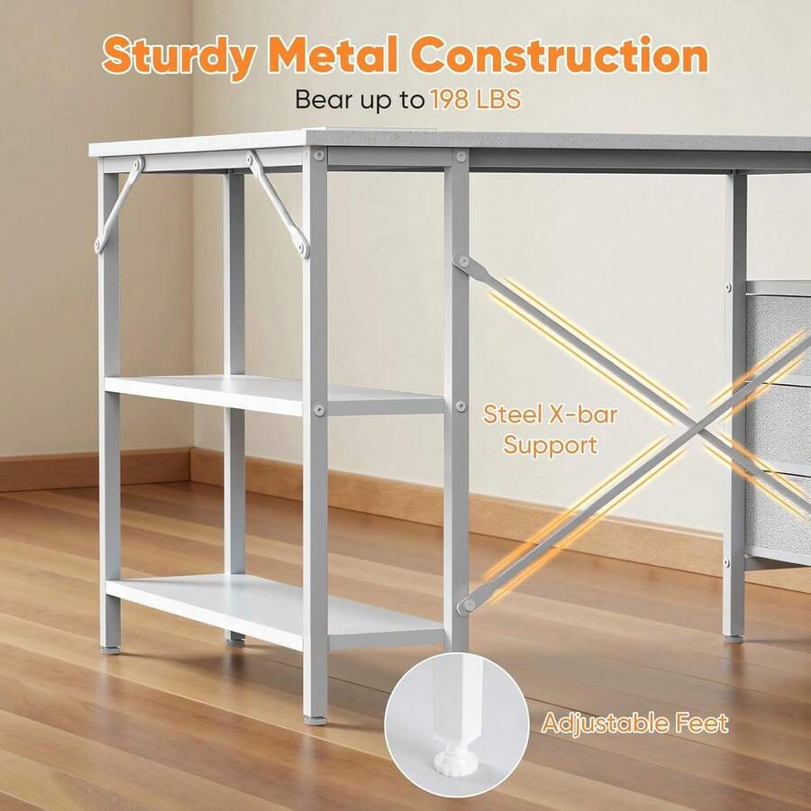 L-Shape White Corner Desk, Gaming/Computer/Study Table, 3 Sturdy Fabric Drawers (22LBS Each), 3 Outlets + USB + Type-C, Adjustable Open Shelves, Steel X-Bar, P2 MDF, Home Office Bedroom Use