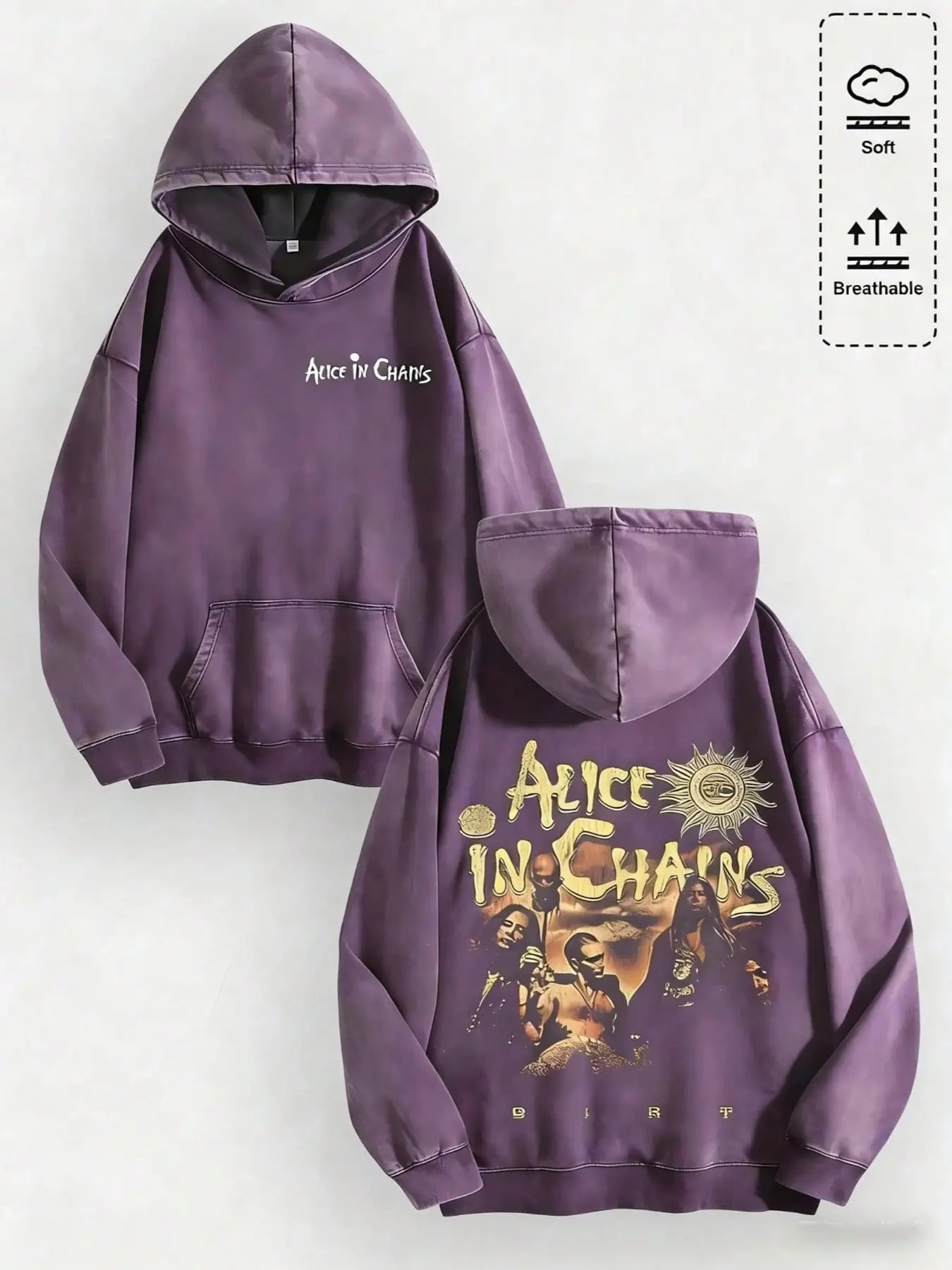 Unisex Four Seasons Washed Purple Alice In Chains Band Graphic Hoodie, Loose Drop Shoulder Long Sleeve Pullover Sweatshirt, Vintage Grunge Rock Streetwear, Oversized Fit For Teens Young Adults, Casual Daily Home Concert Party Outdoor Festival Outfits Rare