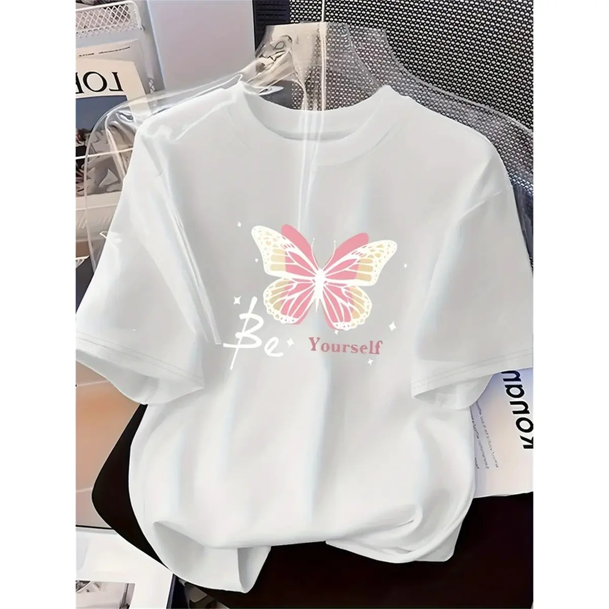 Women's Pink Butterfly Printed T-Shirt, Soft Breathable Fabric Crew Neck Short Sleeve Tops, Casual Fashion Spring Summer Daily Streetwear Graphic Tees For Ladies