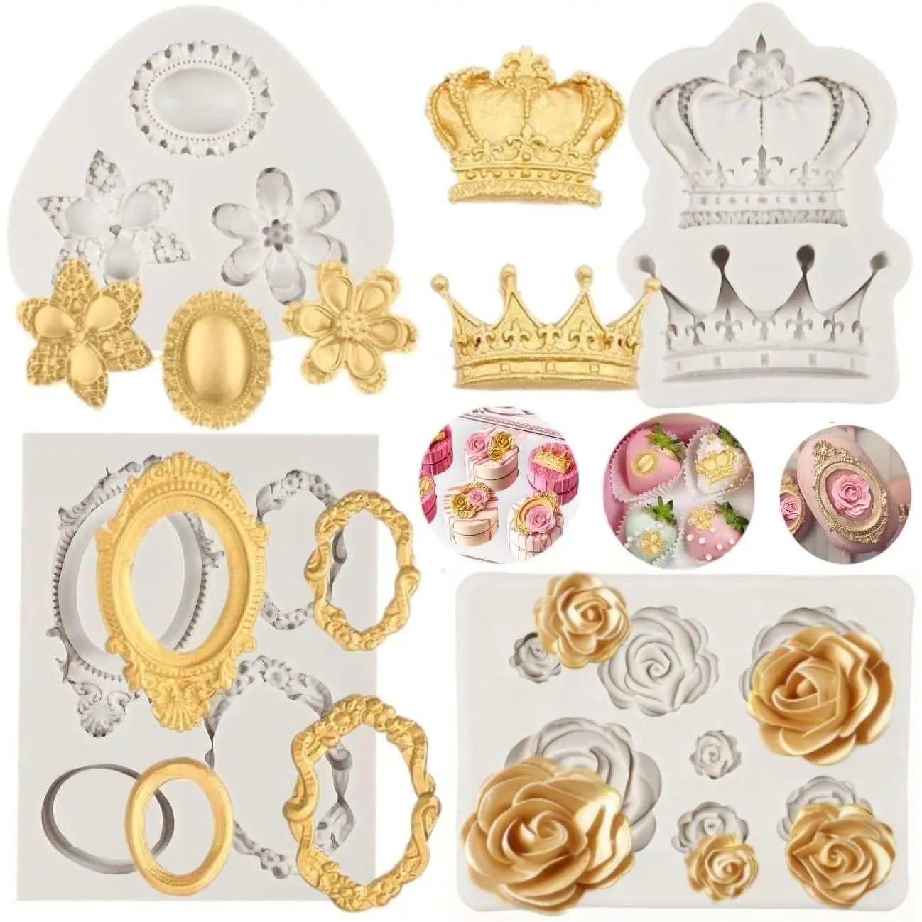 Picture Frame Fondant Mold Baroque Style Crown Rose Flower  Mold for  Sugarcraft Cupcake Topper  Polymer Clay Crafting Projects