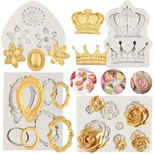 Picture Frame Fondant Mold Baroque Style Crown Rose Flower  Mold for  Sugarcraft Cupcake Topper  Polymer Clay Crafting Projects