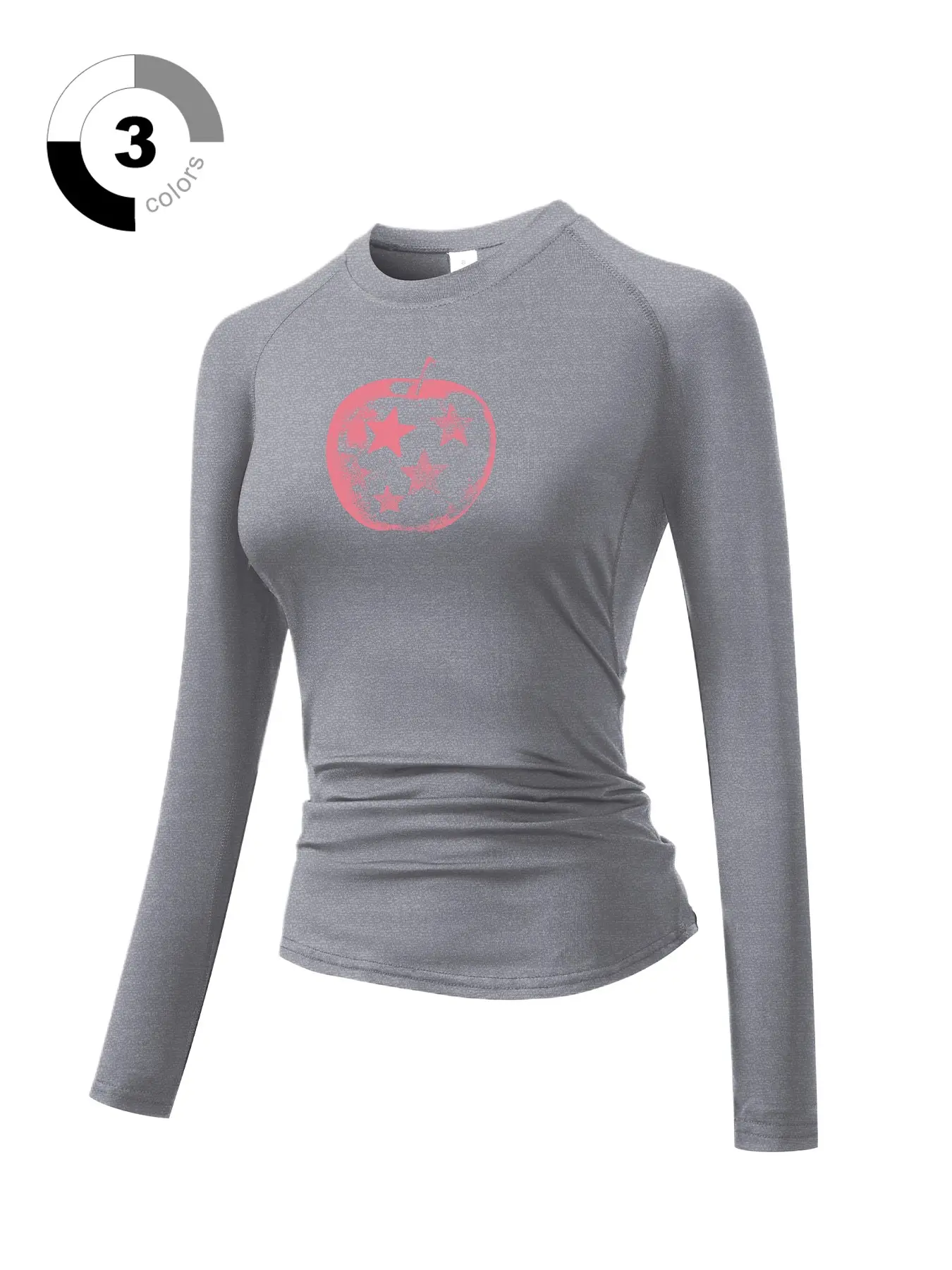 Apple Pattern Print Women's Tight Long Sleeve Sport Top, Round Neck Quick-Dry Breathable Stretch Workout Shirt, Yoga Running Fitness Training Gear