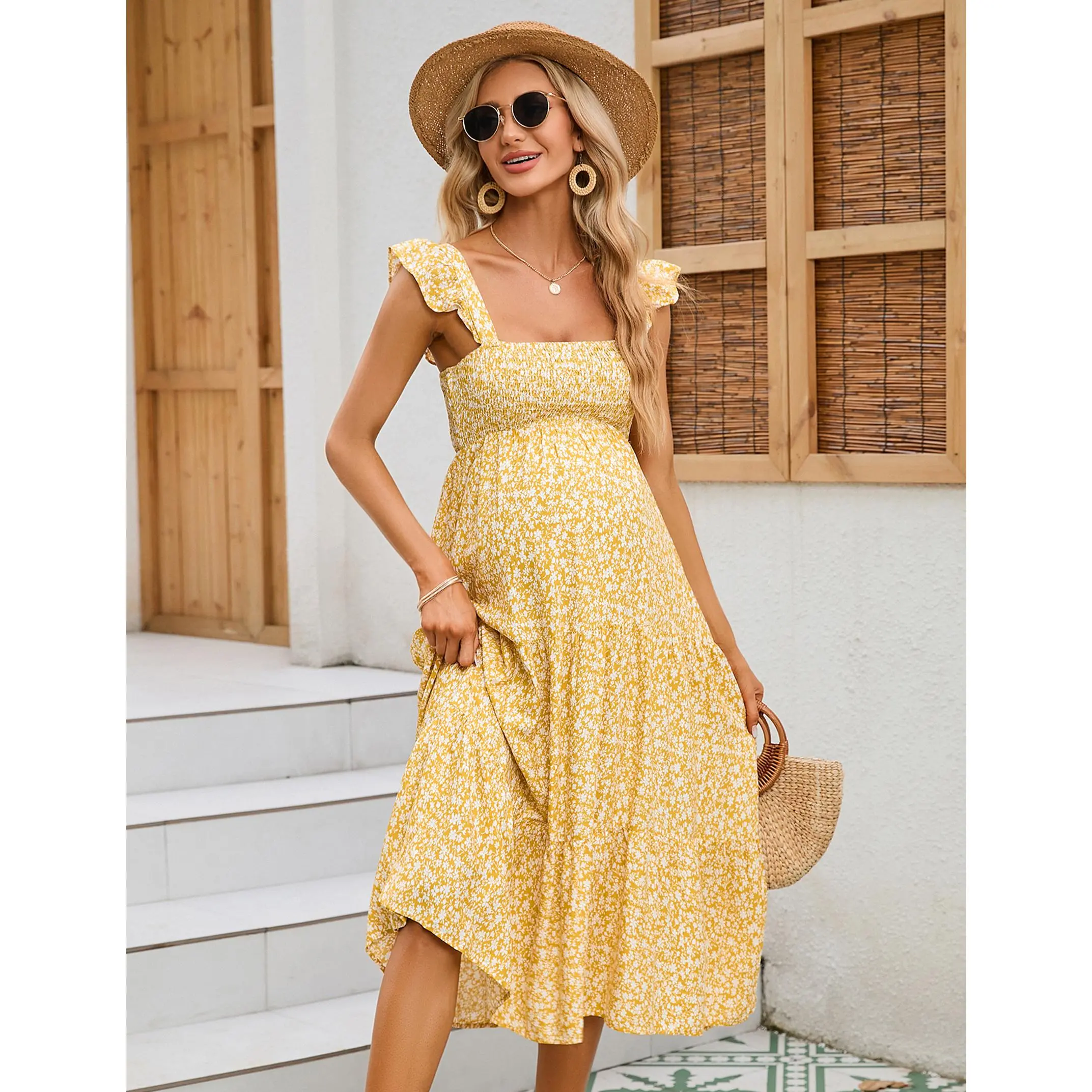 YF Women Maternity Floral Midi Dress, Square Neck Ruffle Cap Sleeve Smocked Bust Flowy Pregnancy Sundress, Loose Tiered Summer Vacation Baby Shower Outfit, Green Yellow Floral Multi Sizes