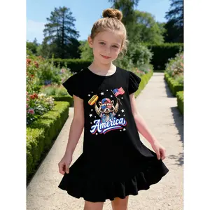 American Flag Hot Dog Raccoon America Funny 4th of July Girls' Summer Flutter Sleeve Casual Dress - Soft, Durable, Easy-Care, Ideal for School & Outdoor Activities - Fast delivery from local warehouse