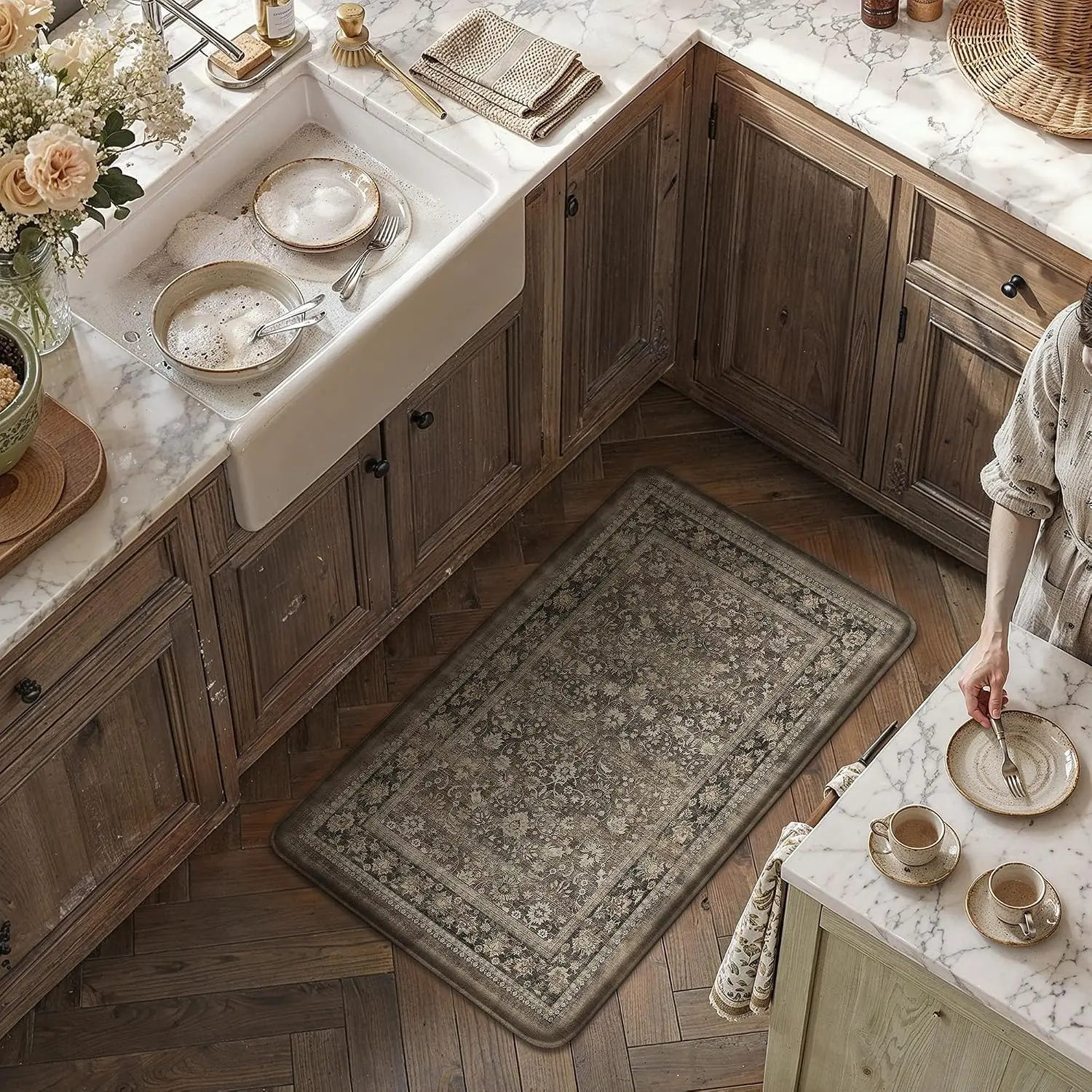 Kitchen Mat Washable 17.3"x30" Non Slip Brown Kitchen Rug Runner Cushioned Anti  Floor Mat for Sink Laundry Room Entry Standing Desk  Area Rug
