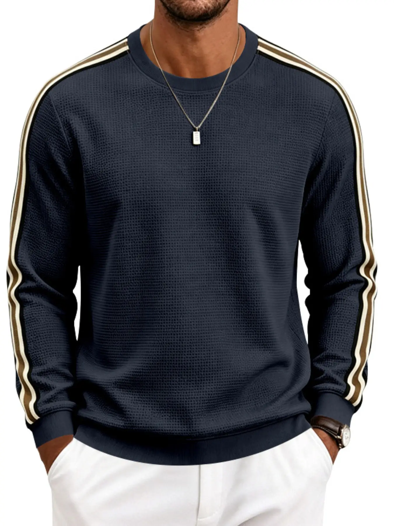 Men's Textured Crew Neck Long Sleeve Sweatshirt, Contrast Side Stripes On Sleeves, Soft Breathable Pullover Top for Sports Gym Jogging Daily Casual Autumn Wear