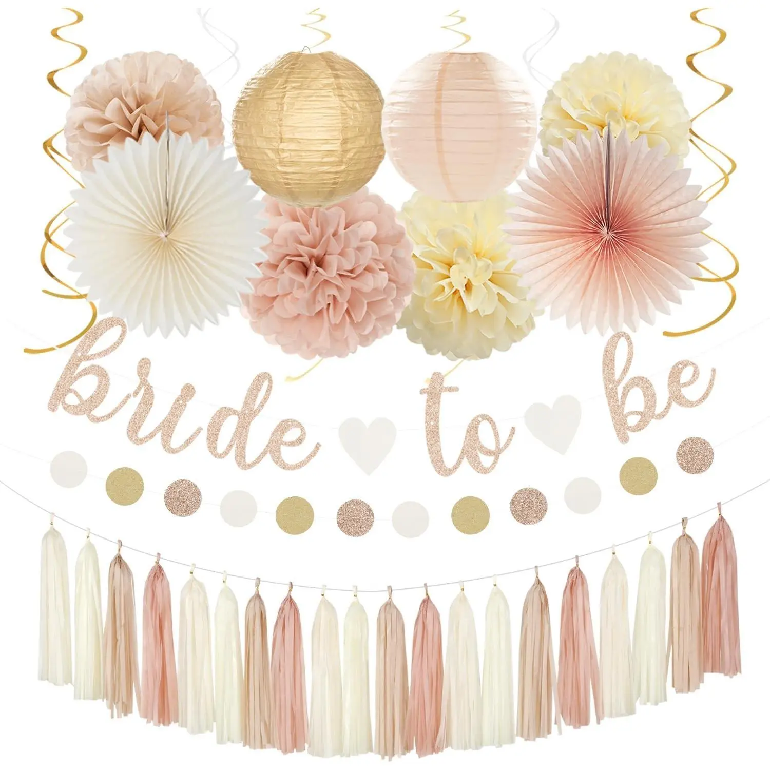 Champagne-Gold Beige Decorative Fall Bridal Shower Supplies - 36pcs Bride To Be Banner, Bachelorette Paper Lanterns, Wedding Streamers Garland, Boho Peach Tissue Pom Poms Flower Fans