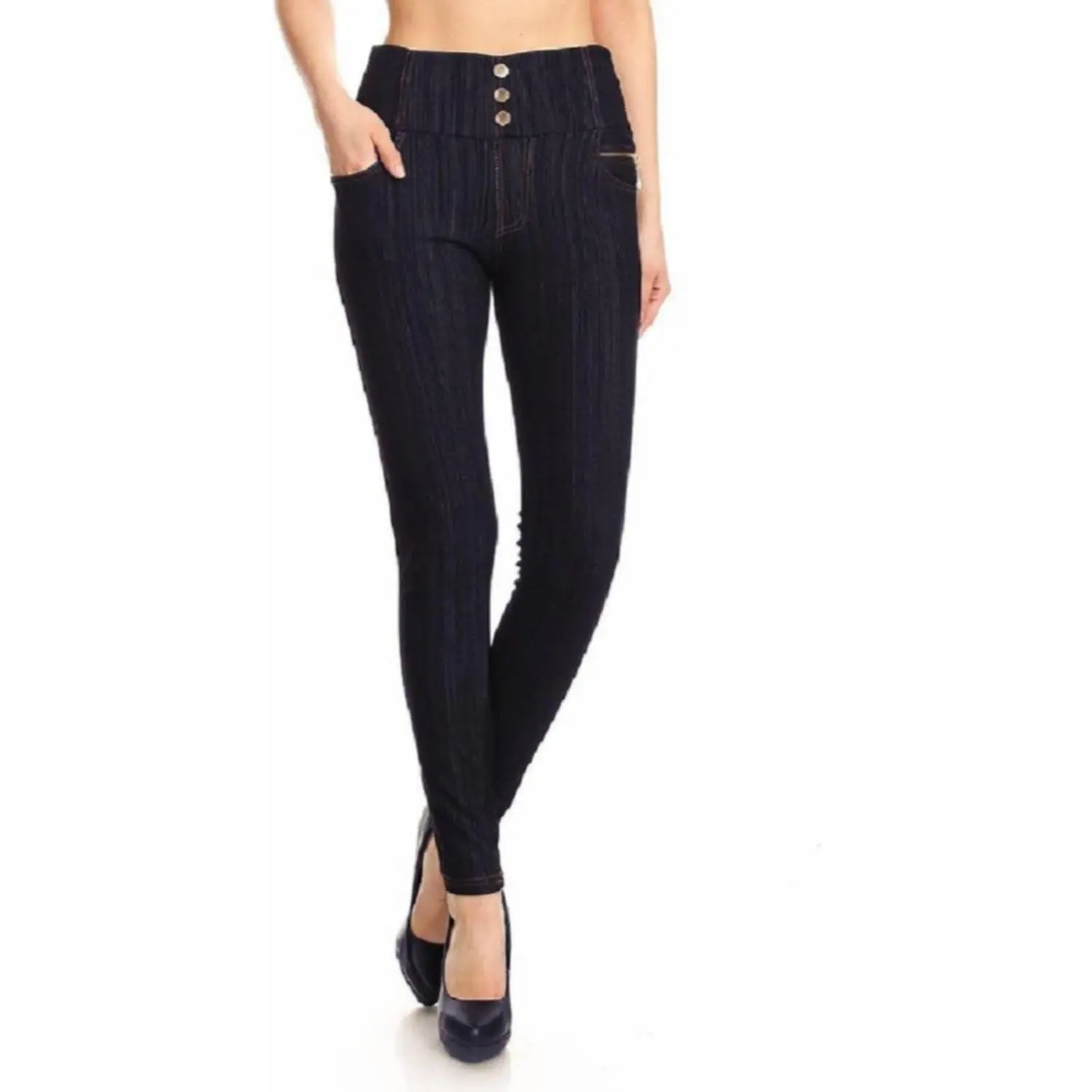 High Waisted Jeggings- Light Fleece Lined Pull On Skinny Pants Stretch Knit Denim Leggings Regular -Plus Size