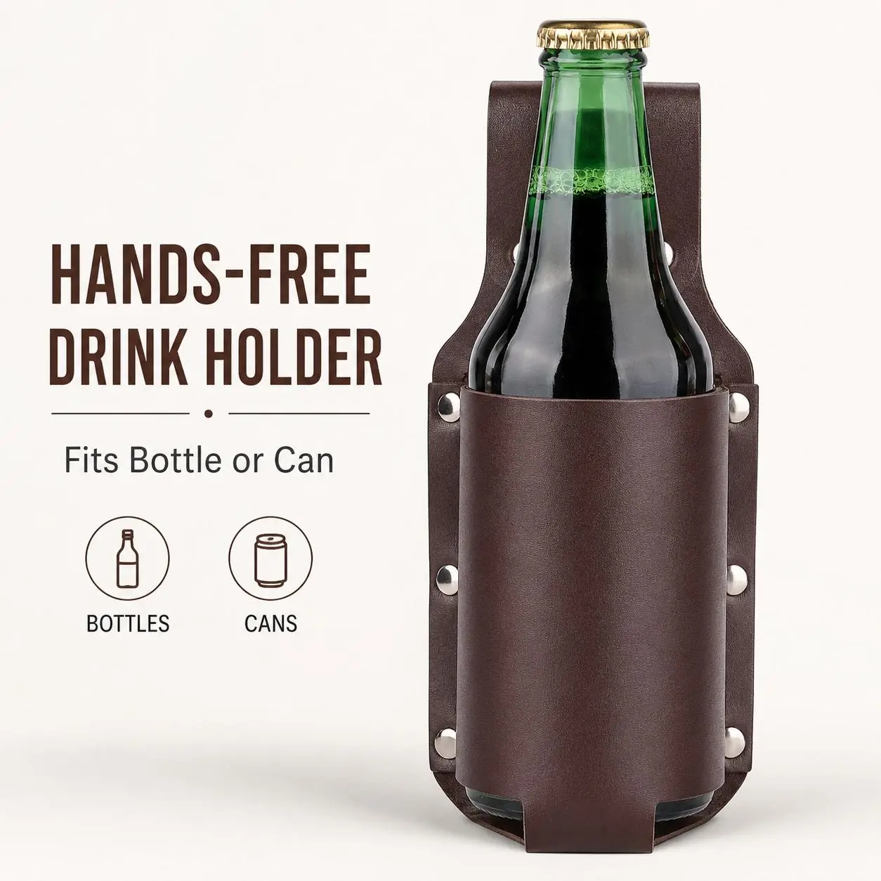 Leather Drink Holster Belt, Hands-Free Beer Bottle Holder for BBQ, Camping, Fishing, Tailgating & Summer Parties, Funny Gift for Men and Women