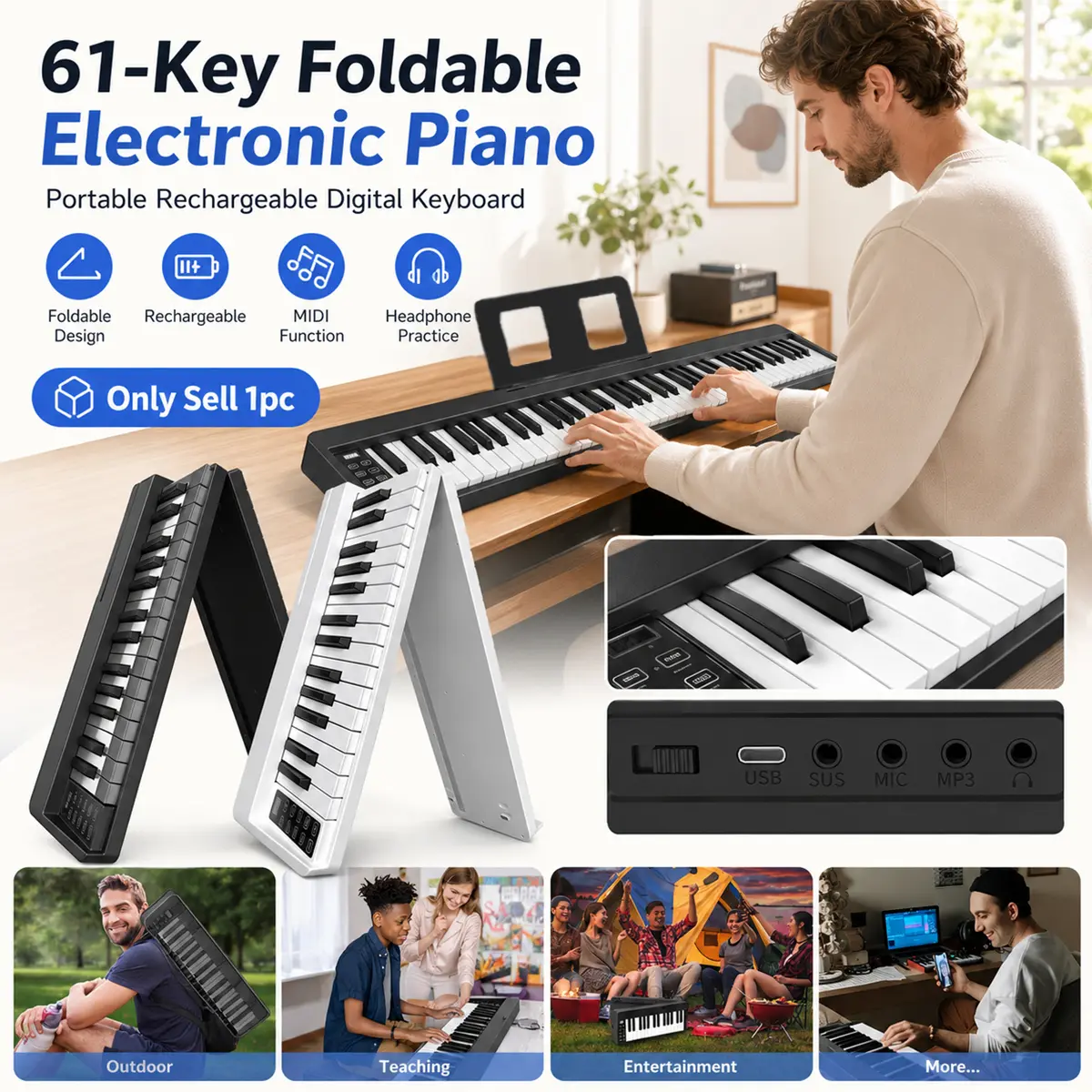 61-Key Foldable Electronic Piano Keyboard, Folding Piano, Portable Rechargeable Digital MIDI Piano with 128 Tones 128 Rhythms, Compact Beginner Keyboard with Music Stand, Pedal and Carry Bag for Home, Travel, Lessons, Students and Adults