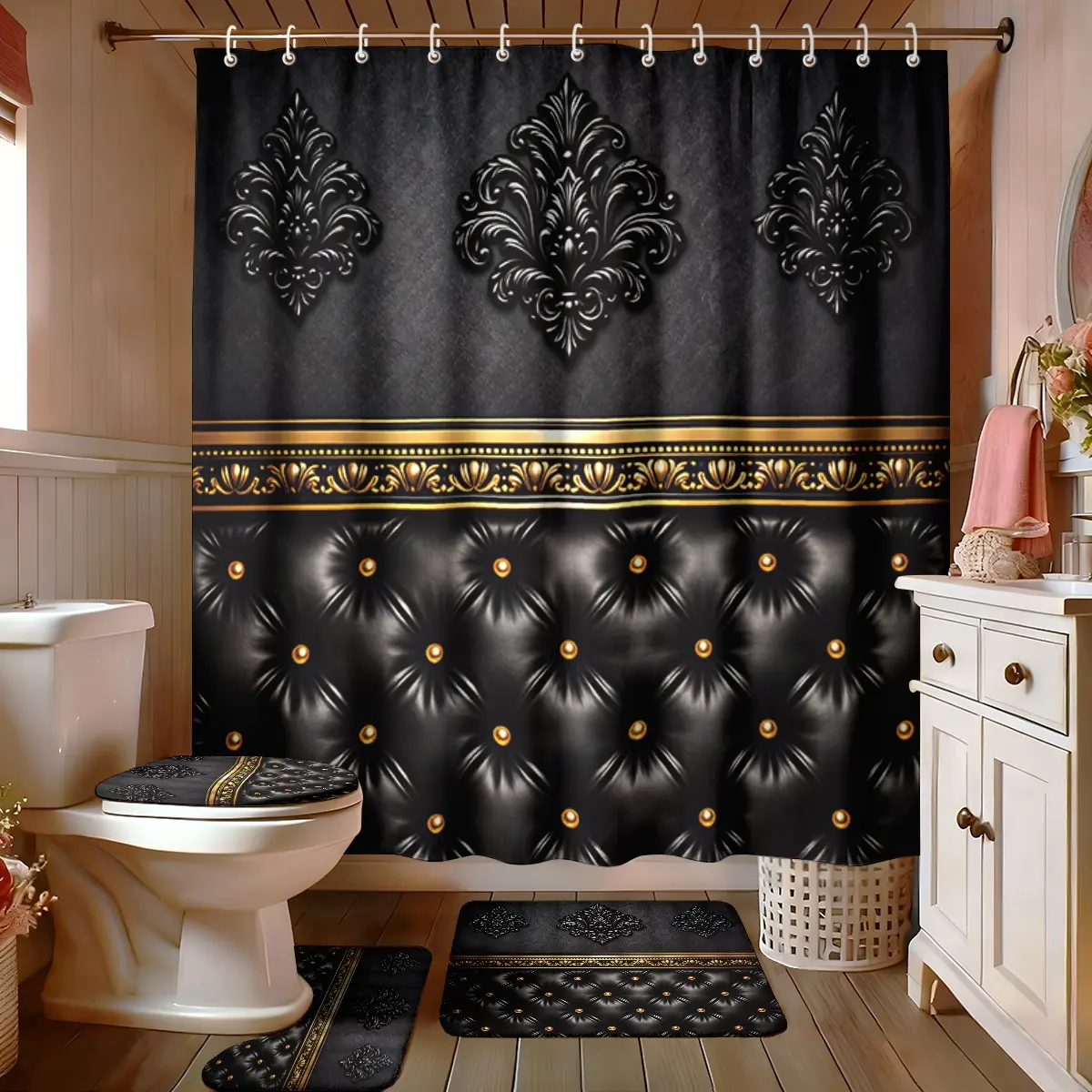4 piece black and gold embossed pattern bathroom set, including a non-slip rug, toilet seat, and bath mat, suitable for modern bathroom decoration, and a bathroom set with 12 hooks, Shower Curtain Sets