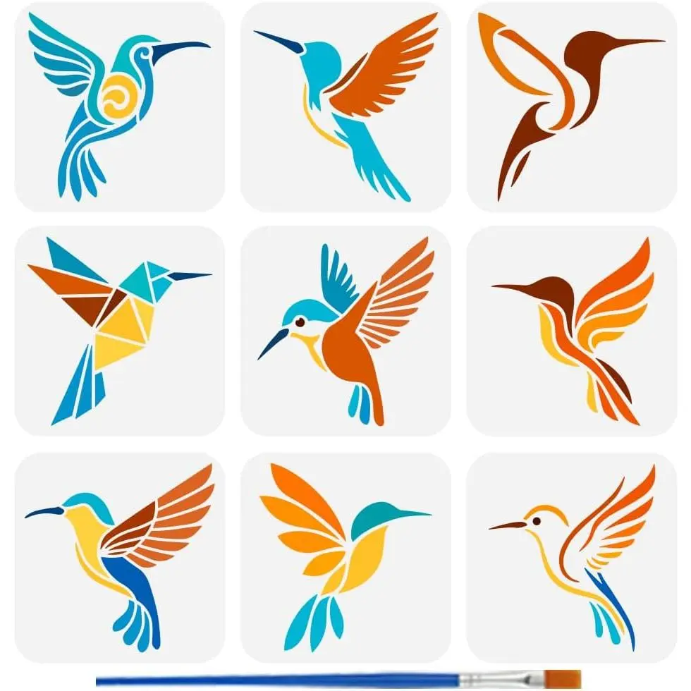 9 count Hummingbird Stencils for Painting with Brush 5.9x5.9inch  Bird Silhouette Template Hollowed Hummingbird  Stencil Plastic   Theme Template for Decoration