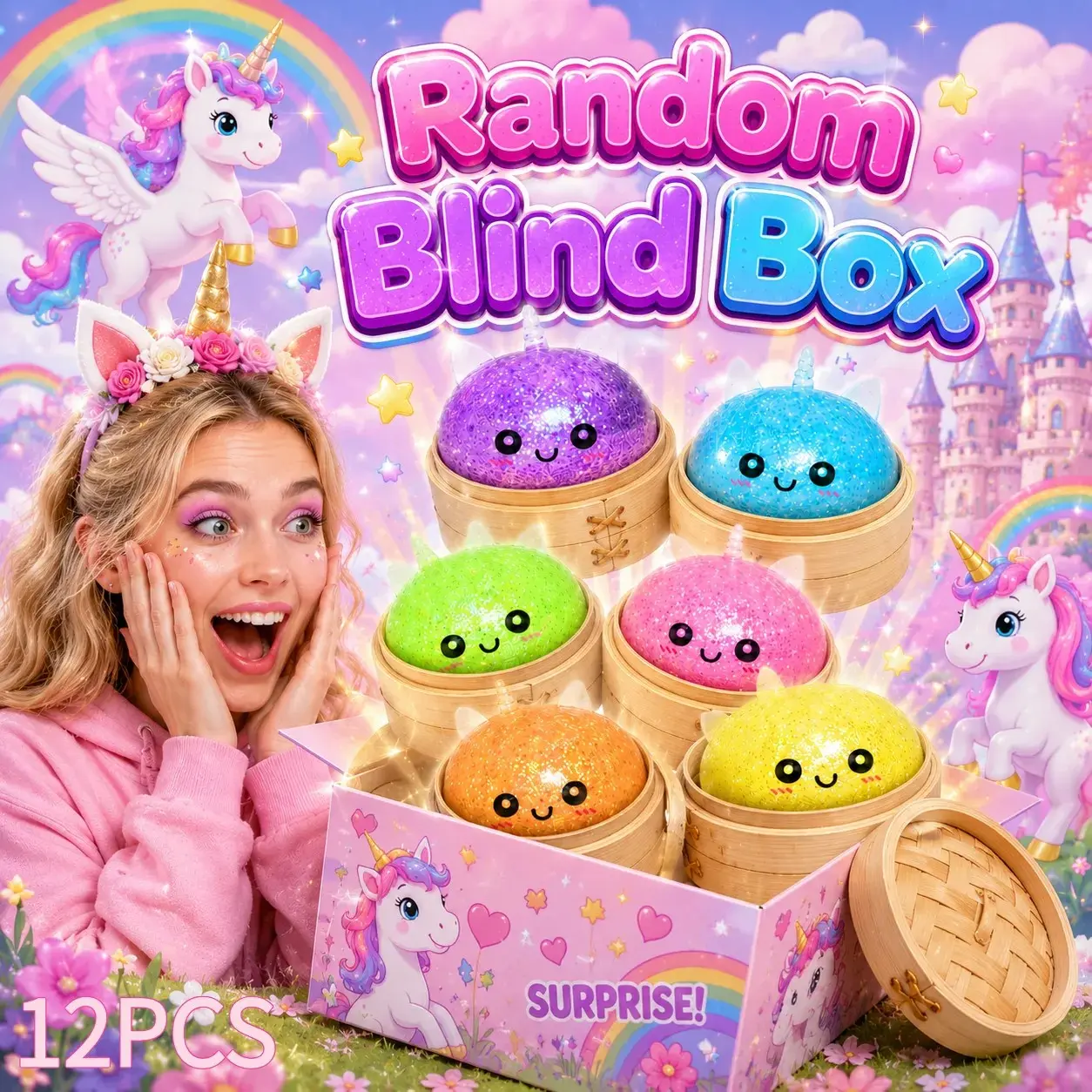 12 Pack Glitter Unicorn Dumpling Squishies, Squishy Glitter Dumplings, Jelly Gel Anxiety Relief Fidget Toys, Cute Stocking Fillers & Classroom Student Rewards, Silent Sensory Unboxing Collectible, Aesthetic Food Shaped Desk Decor for Girls Teens